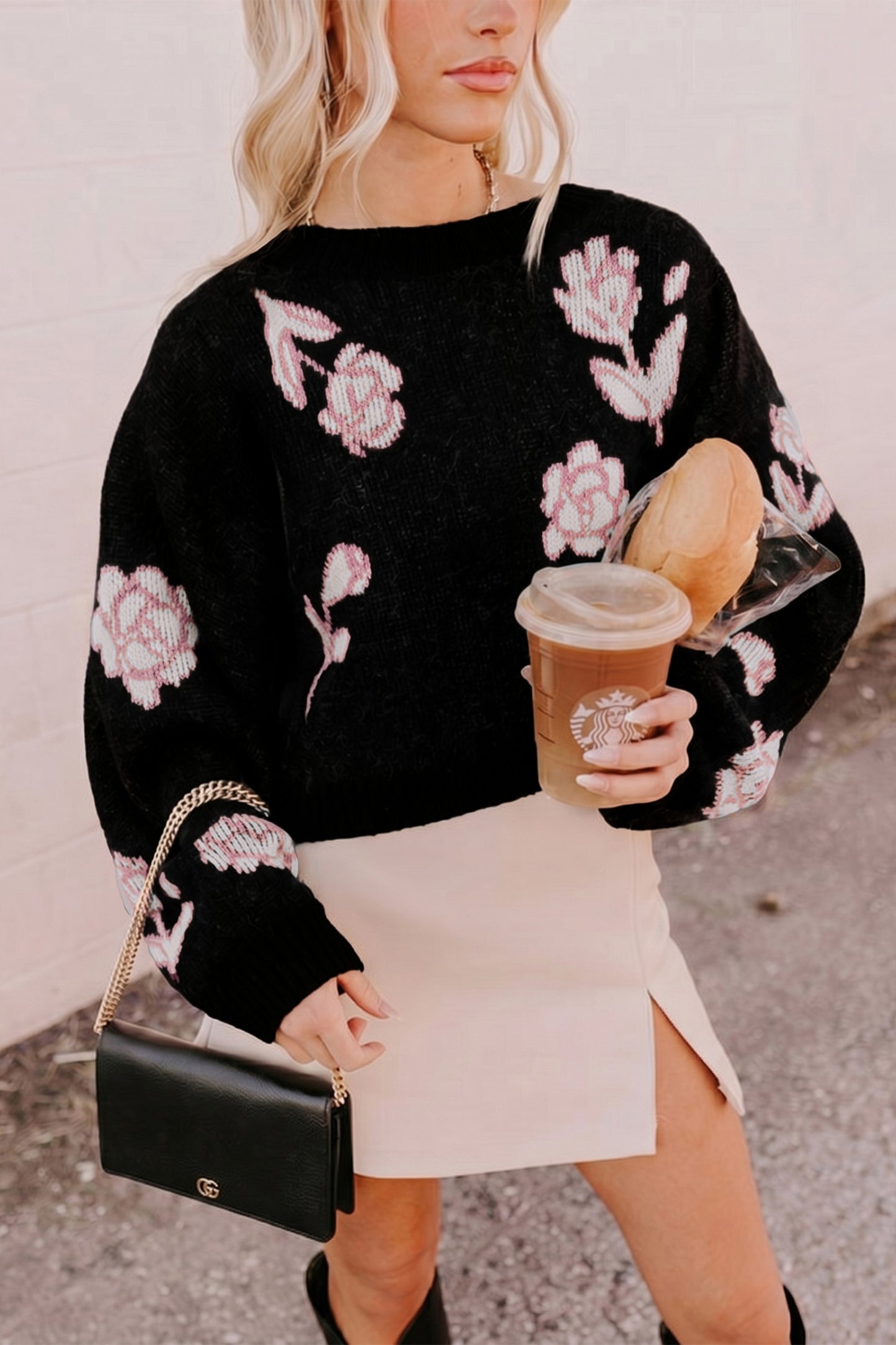 Floral Pattern Puff SleeveSweater