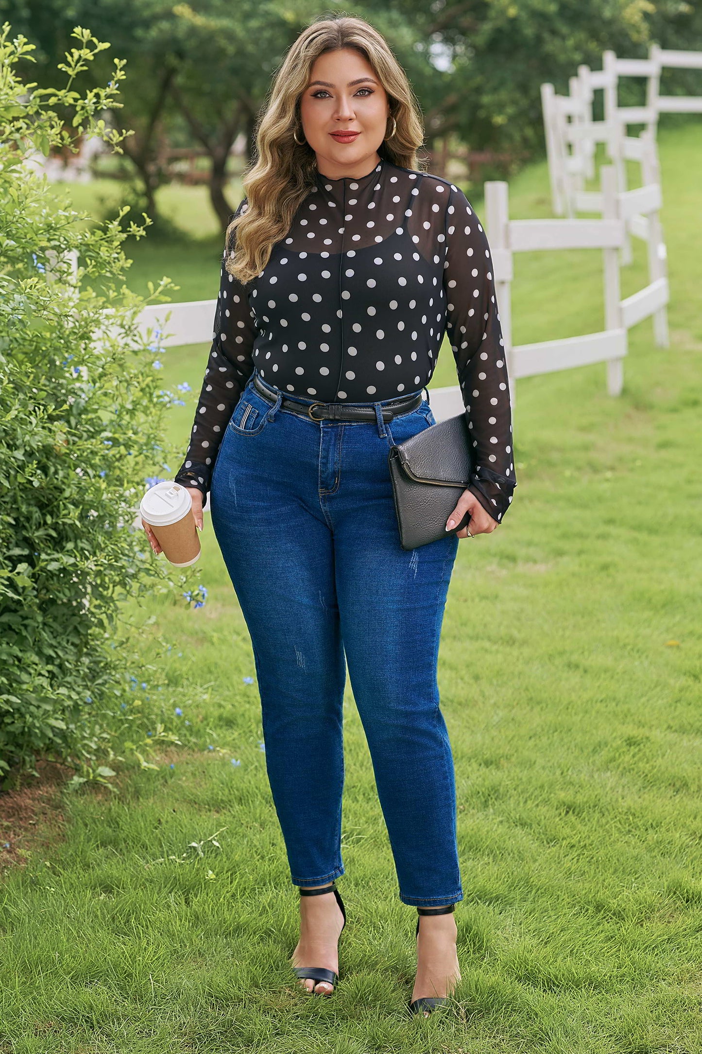 Mock Neck Polka Dot Long Sleeve Mesh Top