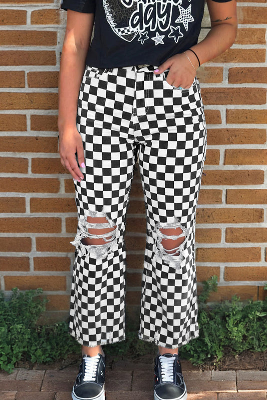 Checkerboard  Distressed  Raw Edge Cropped Jeans