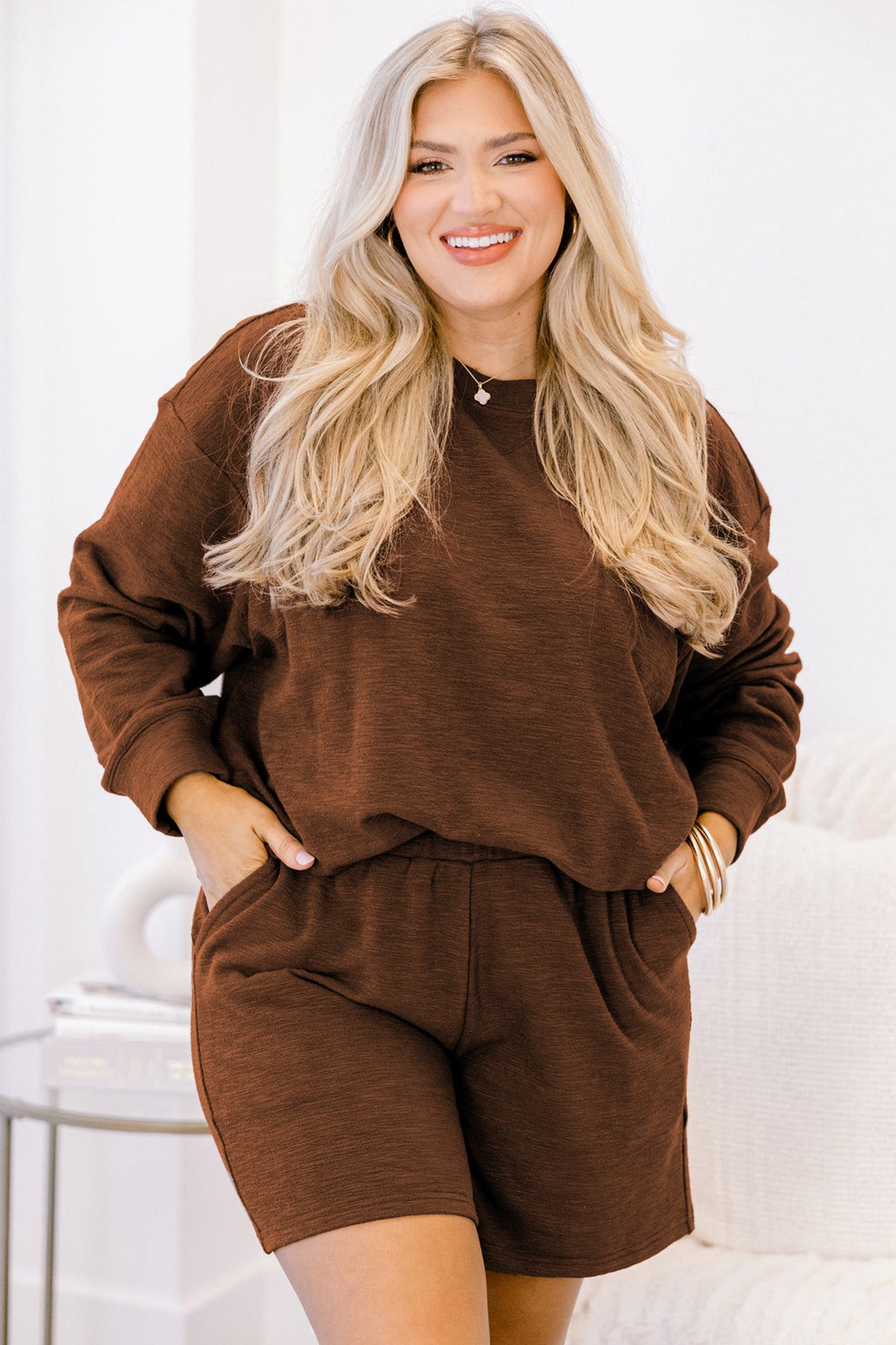 Long Sleeve Top Elastic Waist Shorts Plus Size Set