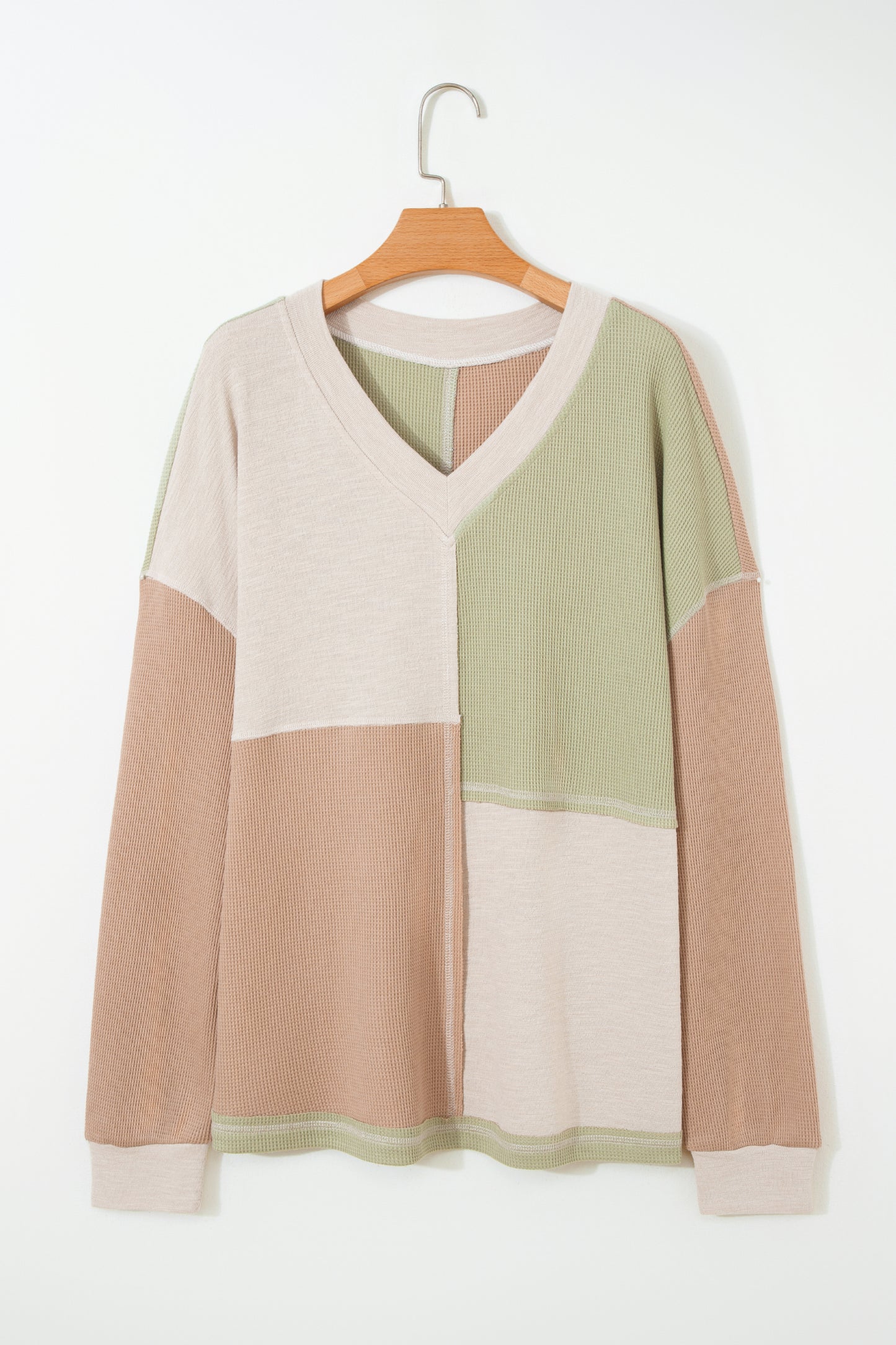 Patchwork V Neck Long Sleeve Top