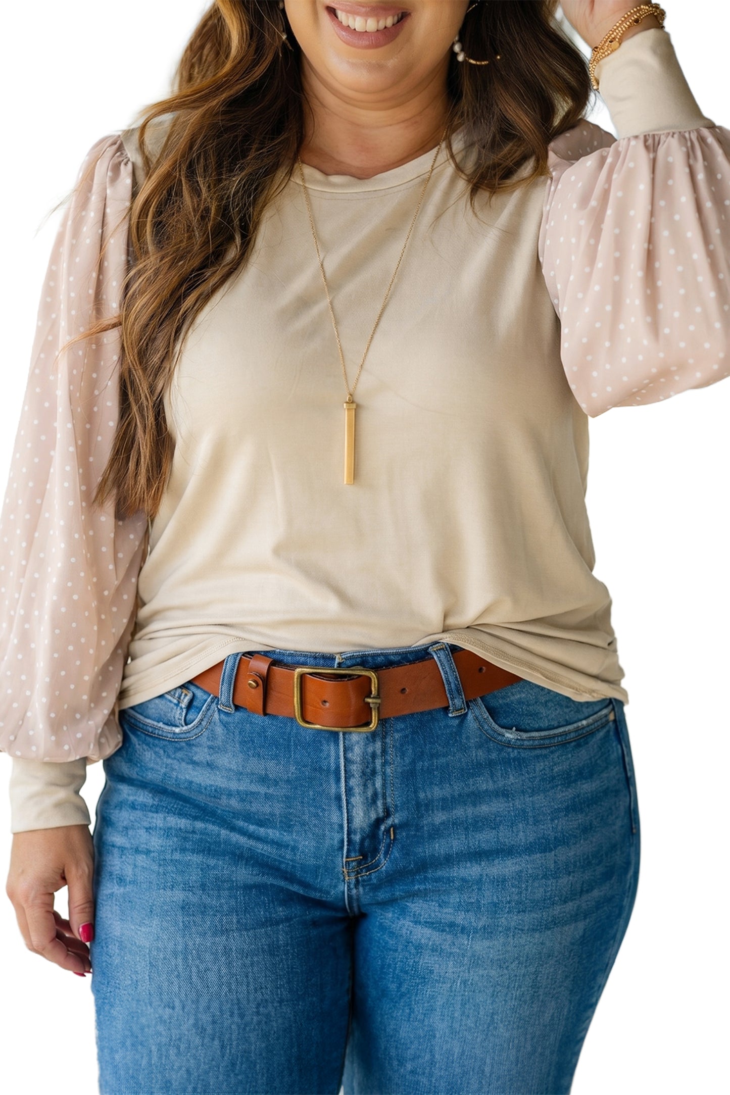 Polka Dot Long Sleeve Round Neck Plus Size Blouse