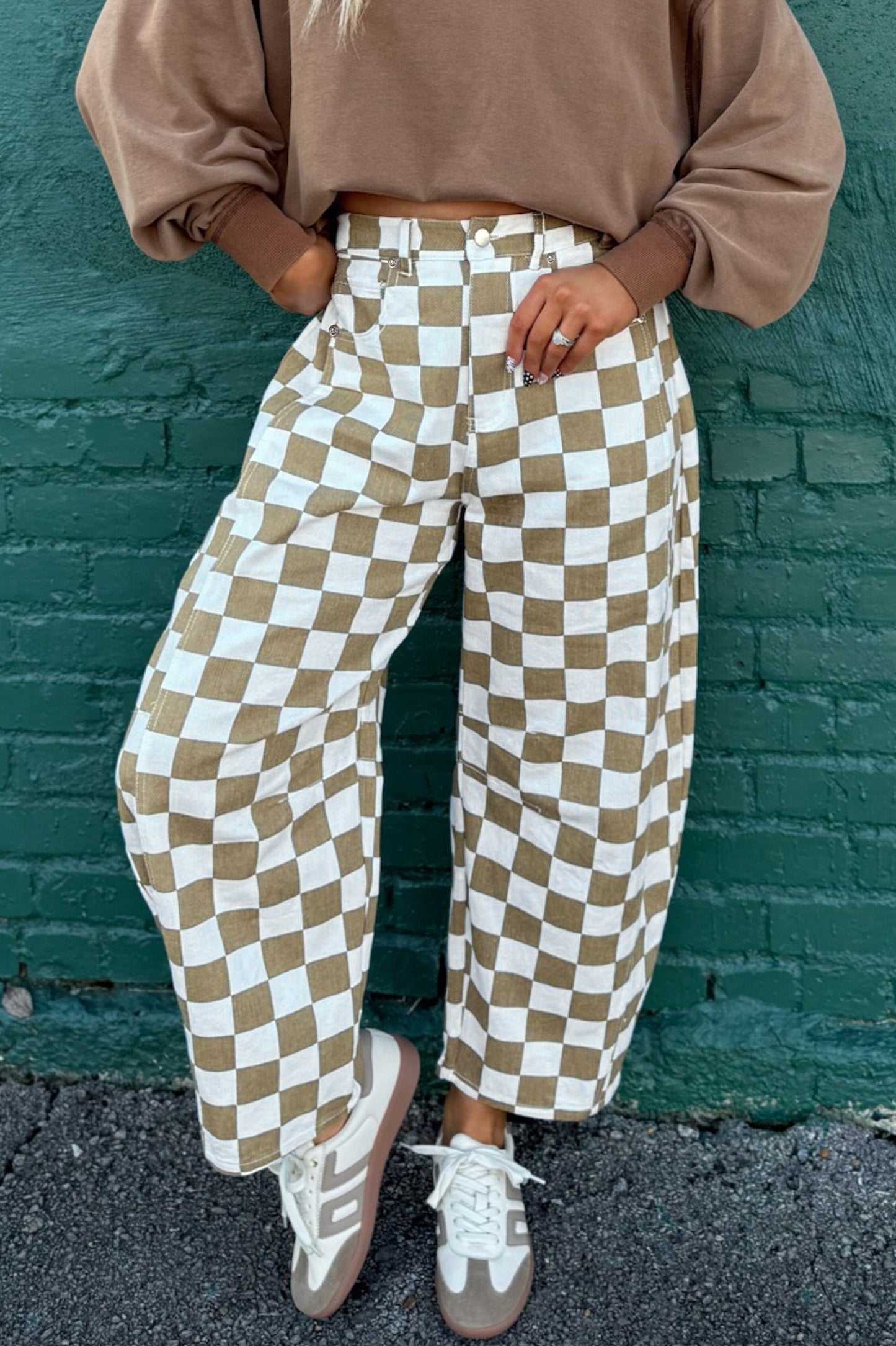 Checkered Denim Barrel Pants