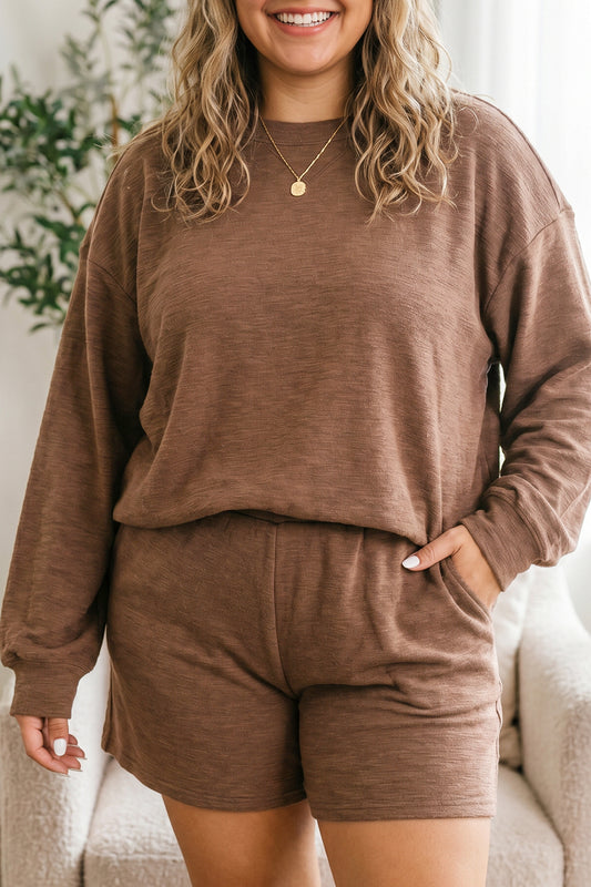 Long Sleeve Top Elastic Waist Shorts Plus Size Set