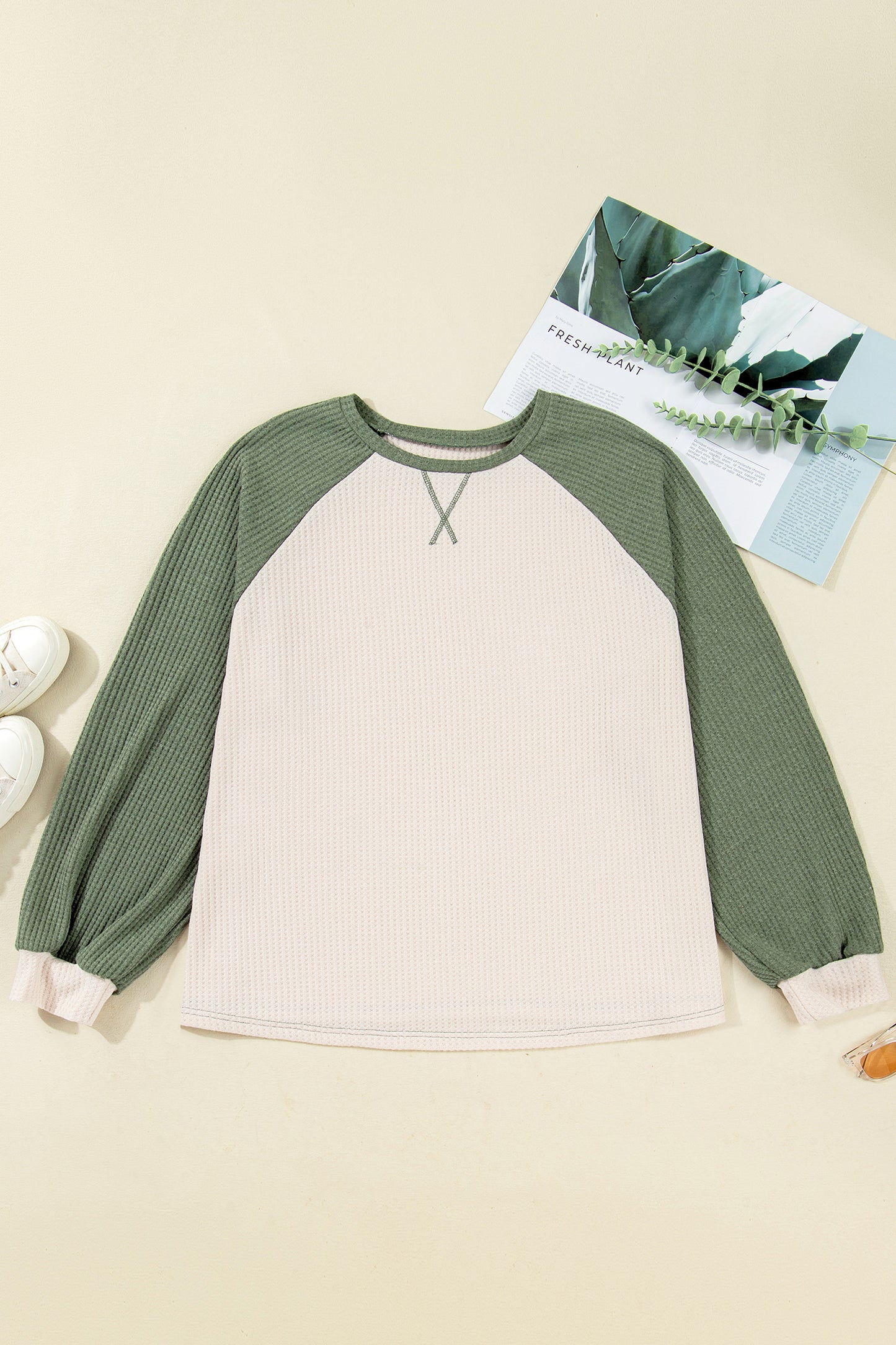 Waffled Color Block Long Sleeve Top