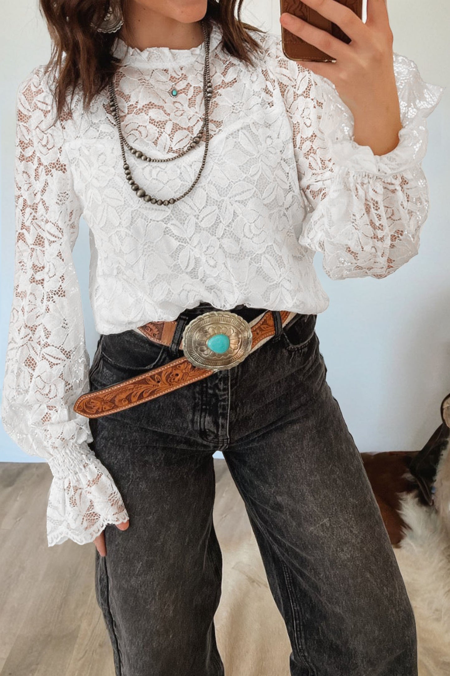Ruffled Sheer Lace Blouse