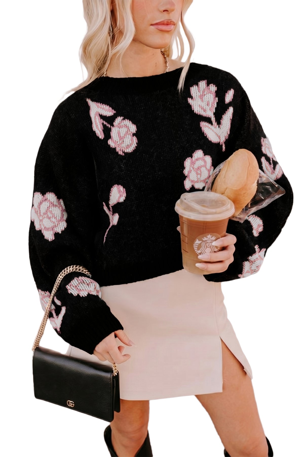 Floral Pattern Puff SleeveSweater