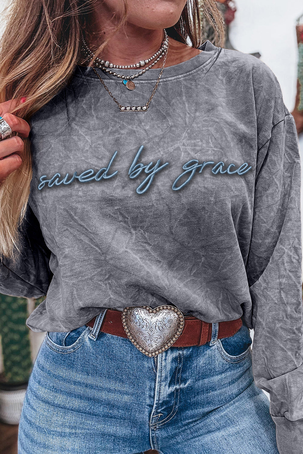saved by grace Letter Mineral Wash Loose Sweatshirt