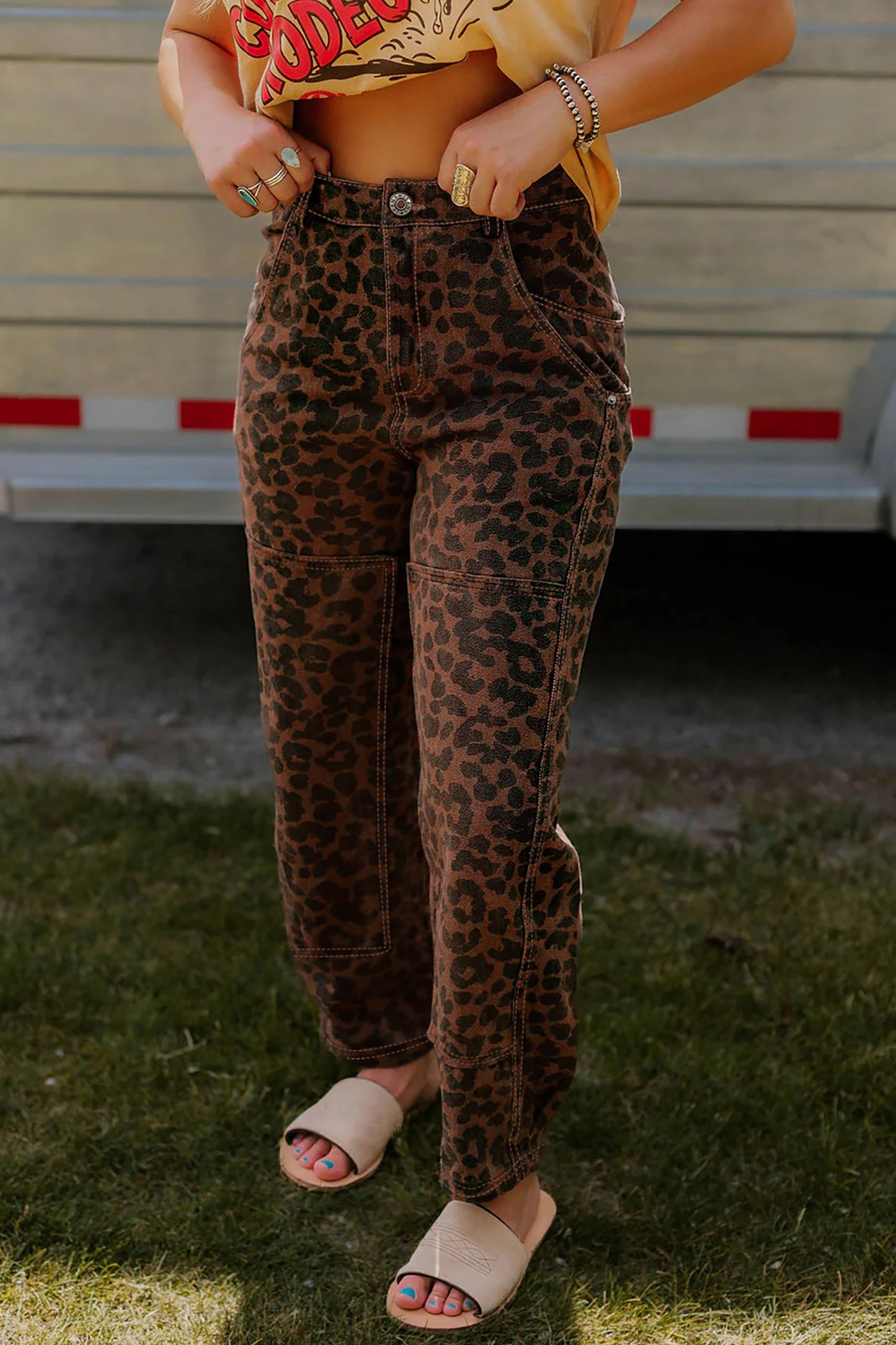 Patchwork Leopard Print Barrel Jeans