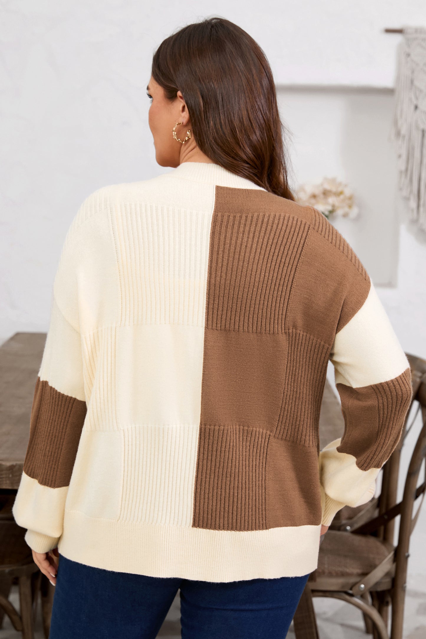 Checkered Ribbed  Cardigan Sweater