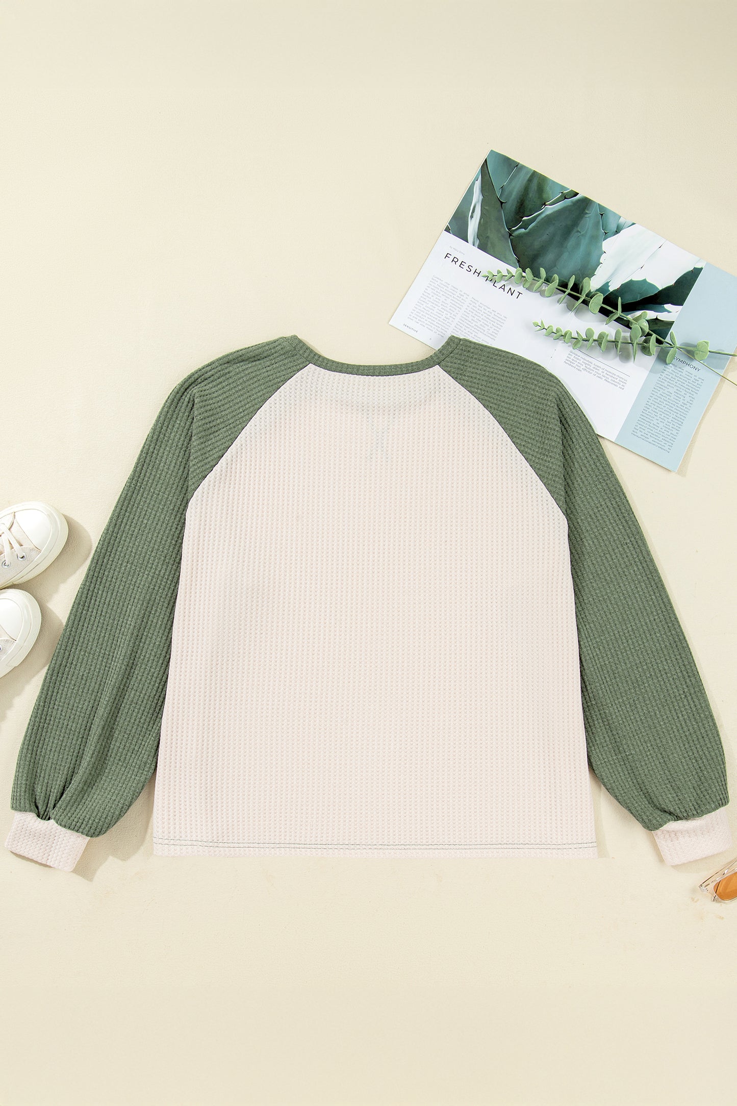 Waffled Color Block Long Sleeve Top