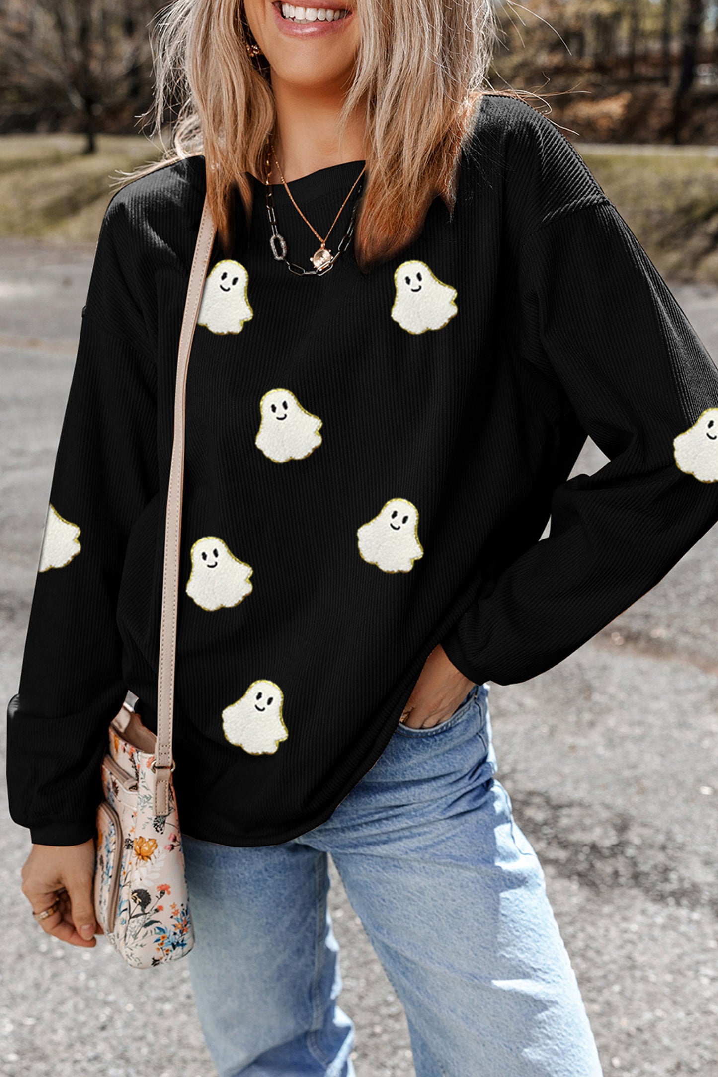 Black Oversized Ghost Print Pullover Corded Sweatshirt