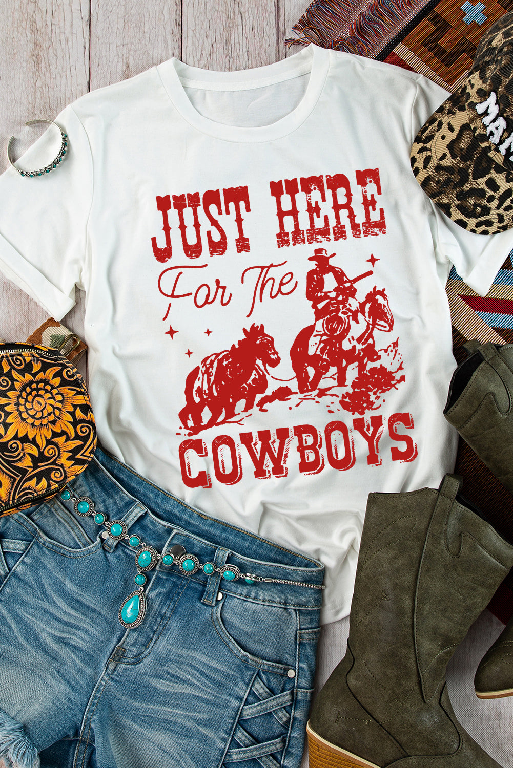 JUST HERE For THE COWBOY Cuffed Sleeve Crew Neck T Shirt