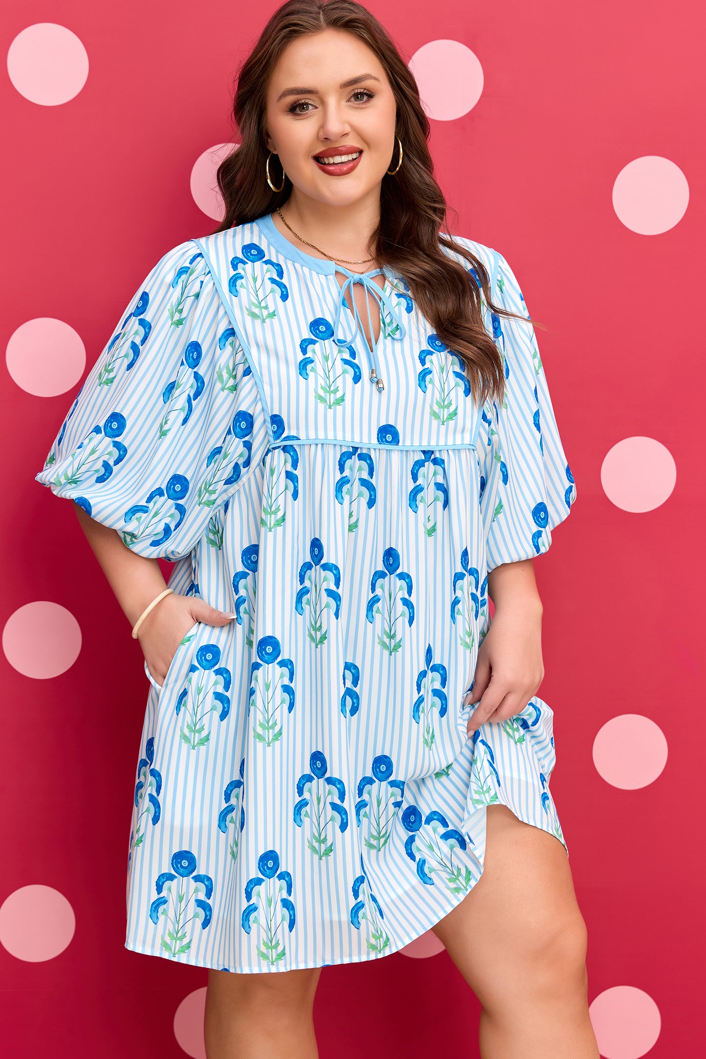 Floral Striped Bubble Short Sleeve Plus Size Dress