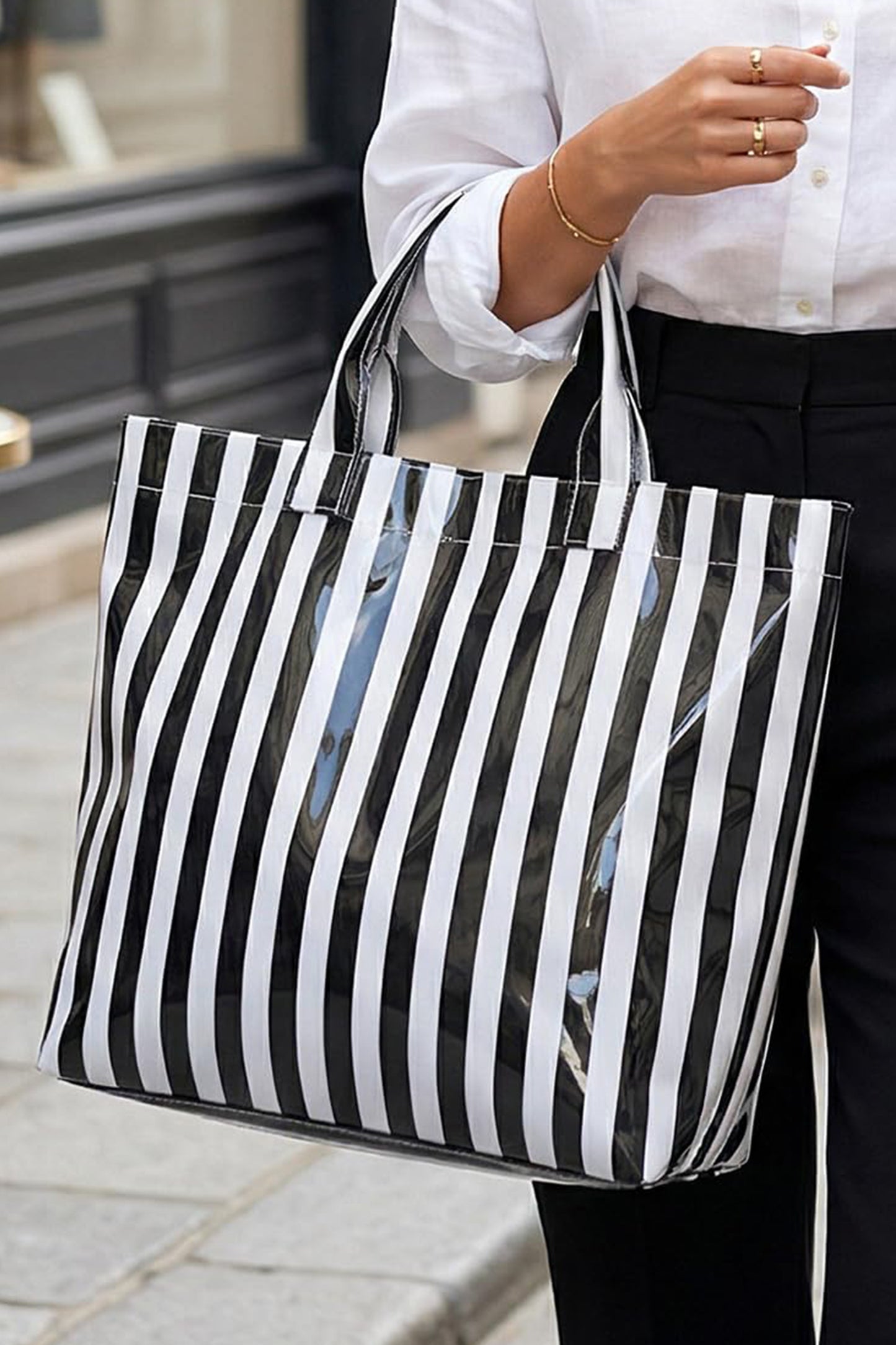Color black Glossy Striped Vinyl Large Tote Bag (Color Varied)