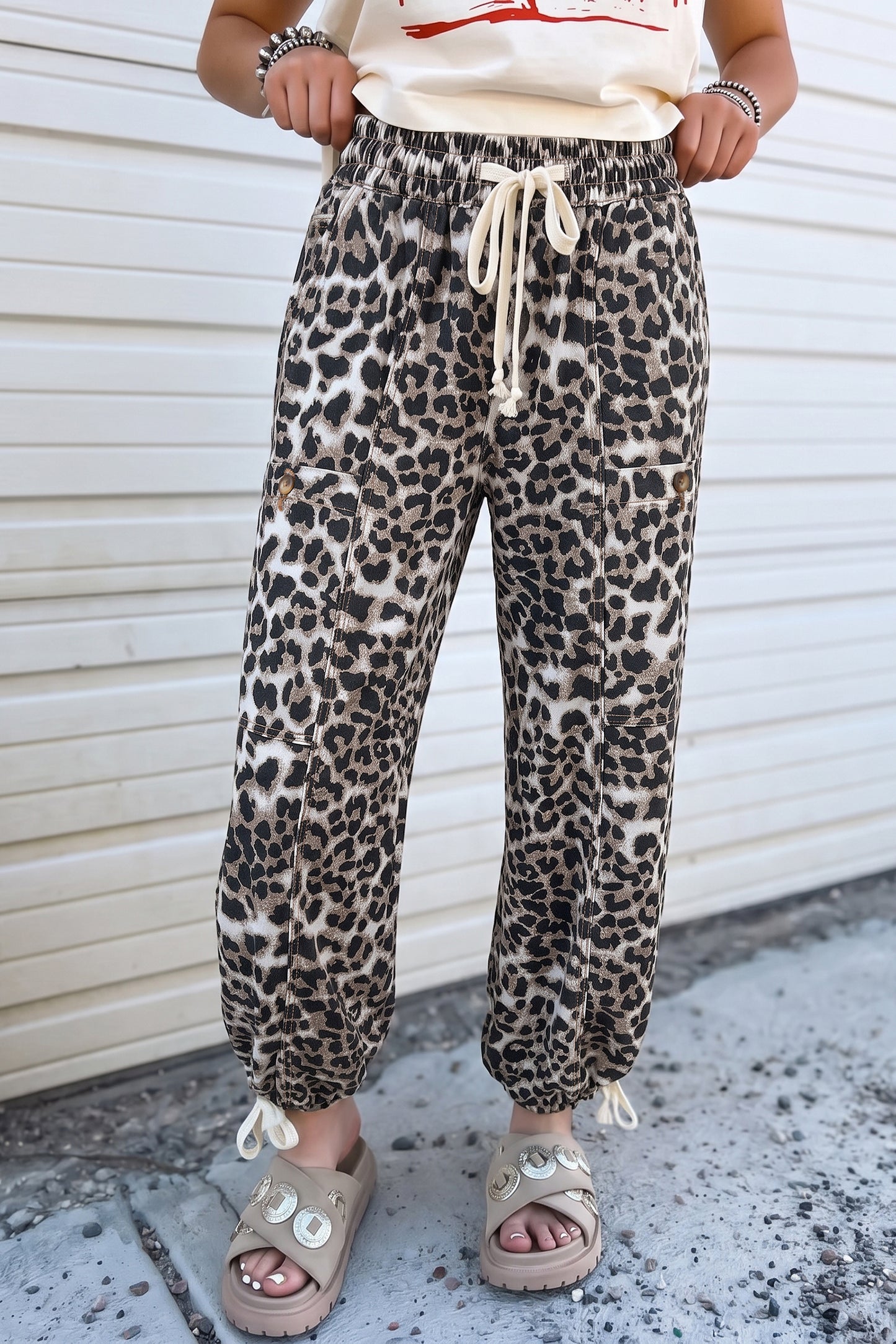 Leopard Print Drawstring Jogger Jeans