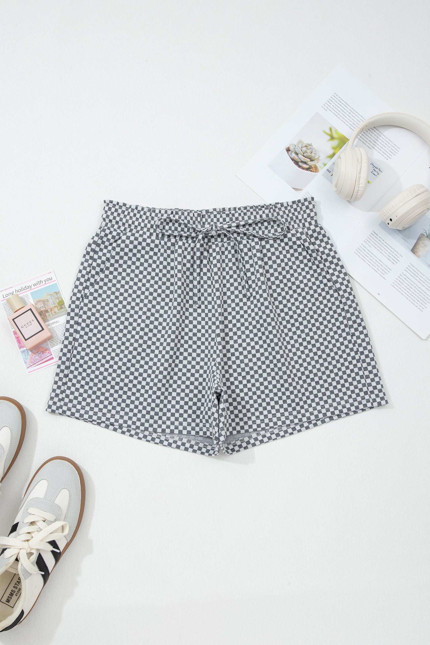 Checkerboard Drawstring  Pocketed Shorts