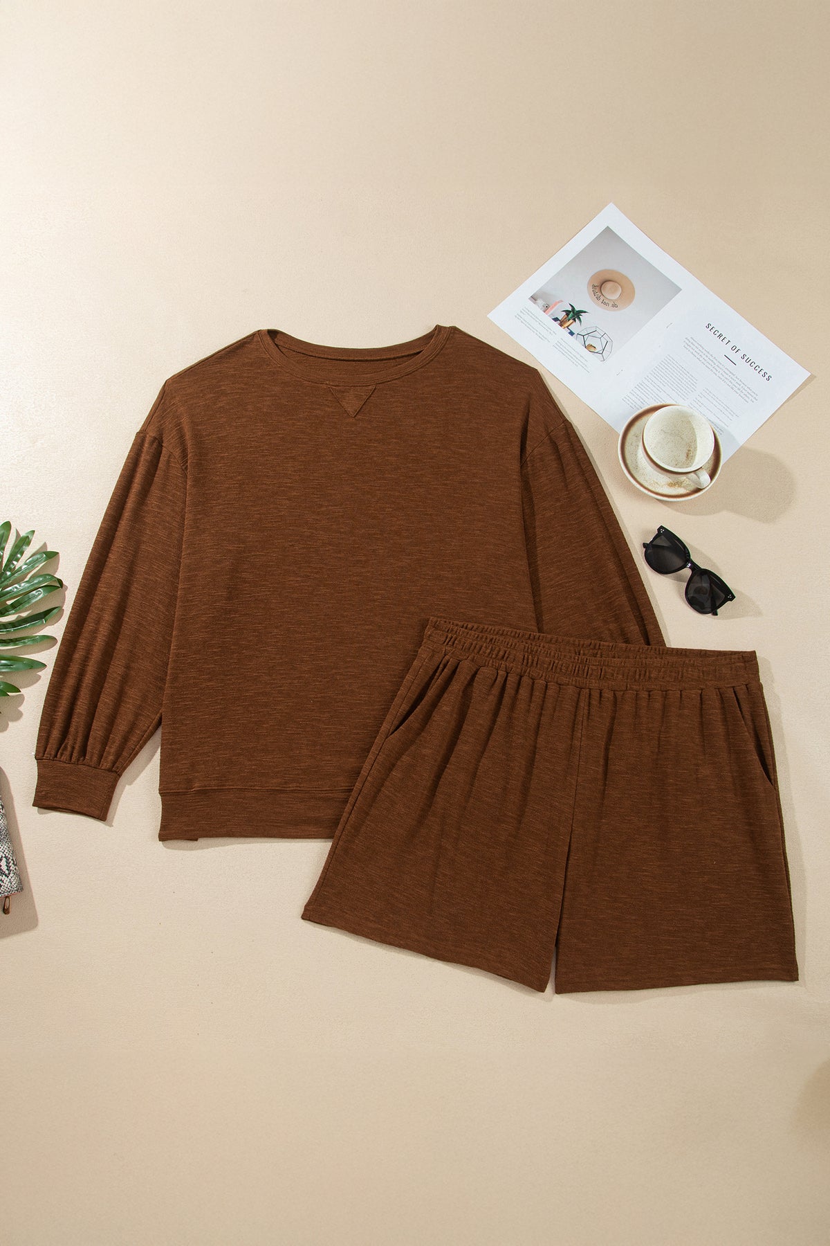 Long Sleeve Top Elastic Waist Shorts Plus Size Set