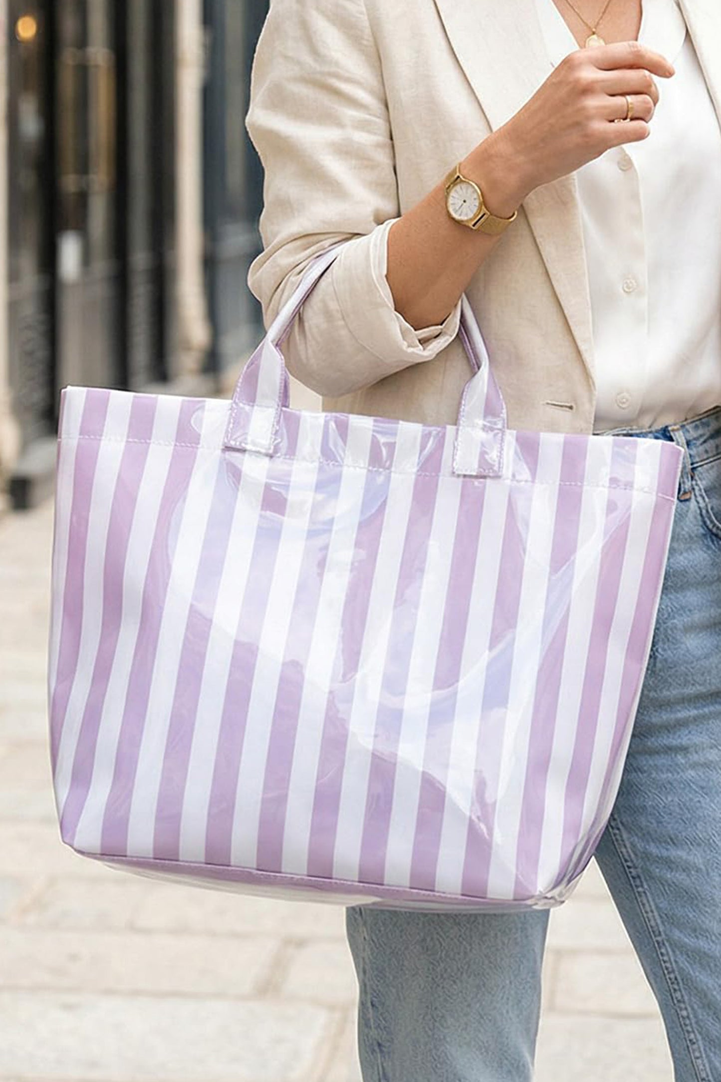 Color black Glossy Striped Vinyl Large Tote Bag (Color Varied)