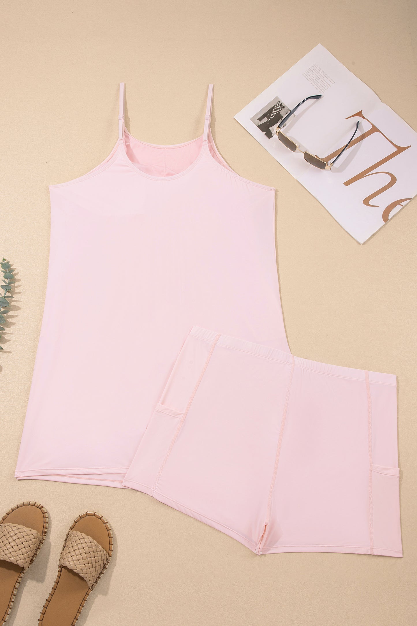 Pink Plus Size Build-in Shorts Sleeveless Dress  Two Piece Set
