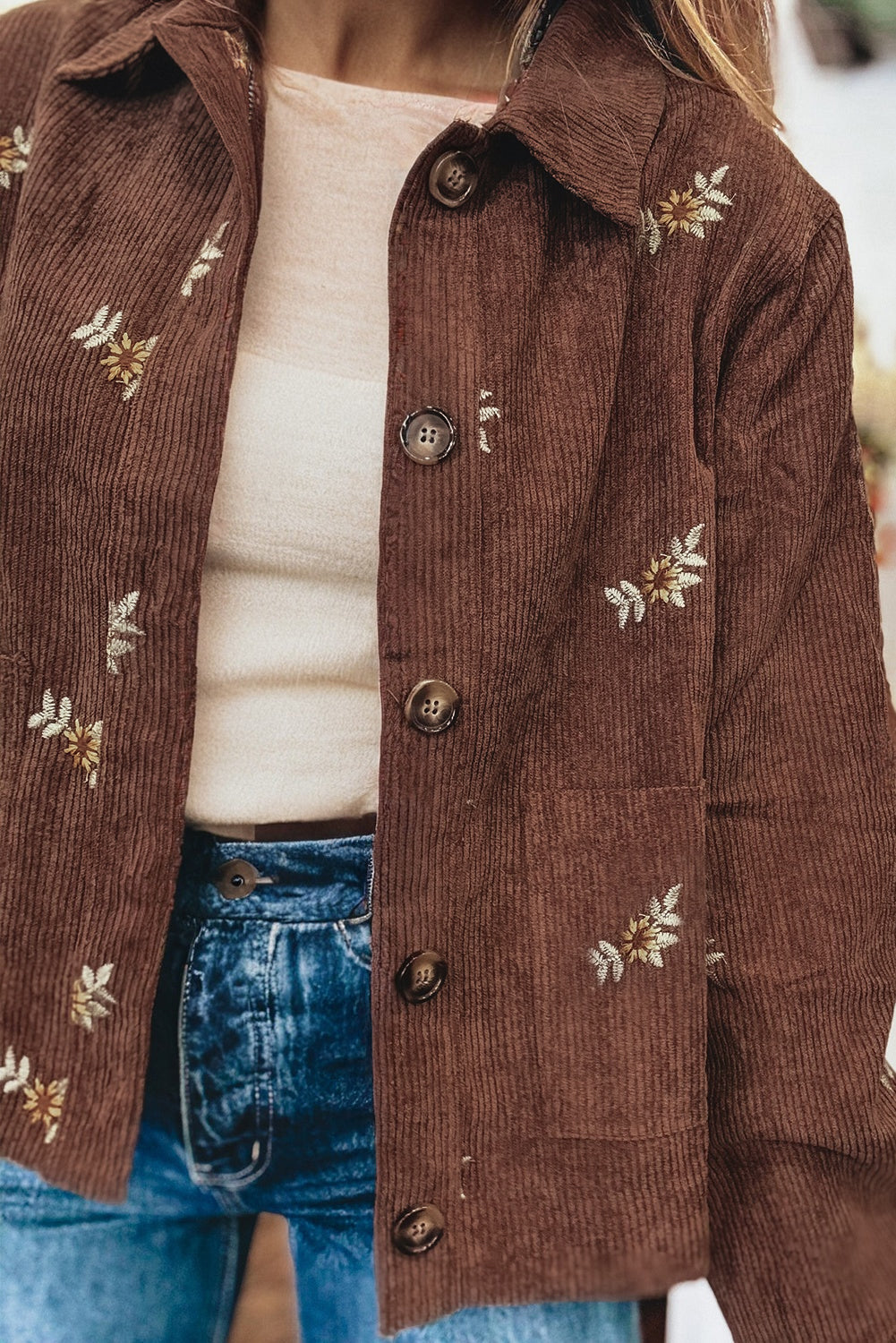 Embroidered Collar Button Front Corduroy Jacket With Pocket