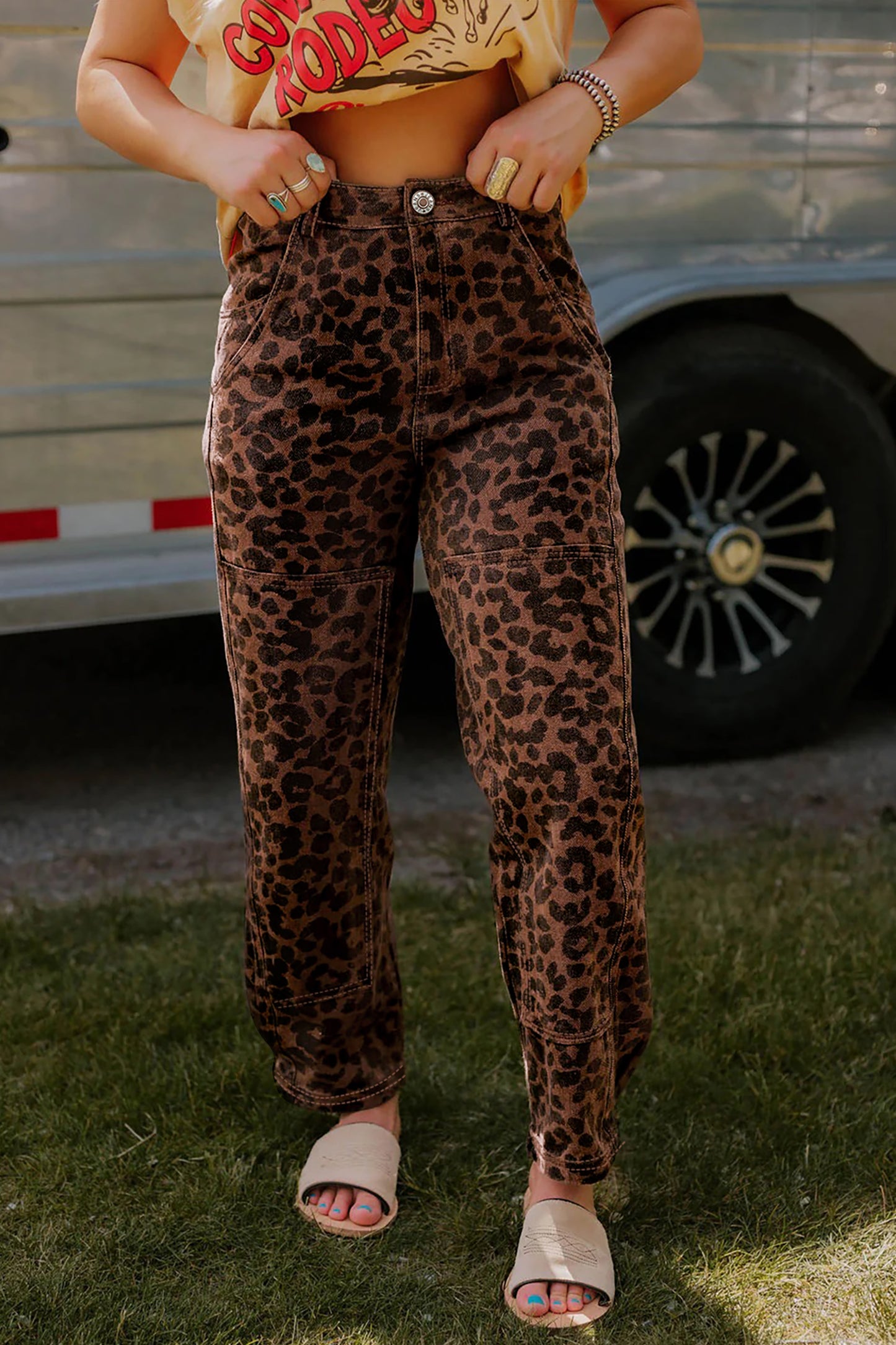 Patchwork Leopard Print Barrel Jeans