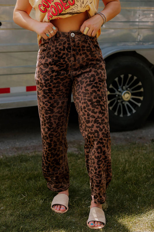 Patchwork Leopard Print Barrel Jeans