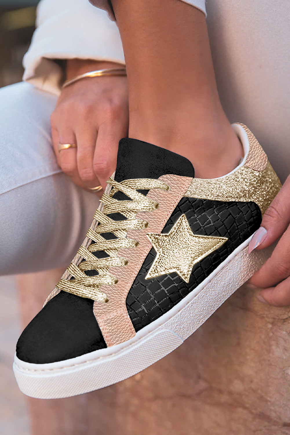 Dearlove Gold Glitter Star Patchwork PU Leather Lace-up Sneakers