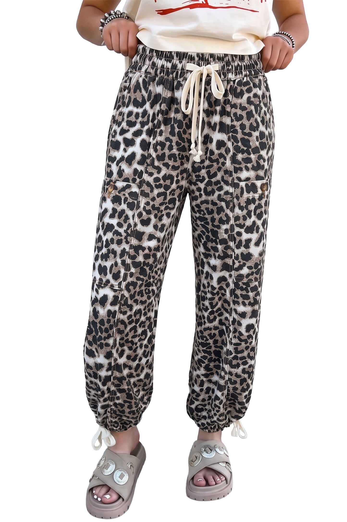 Leopard Print Drawstring Jogger Jeans