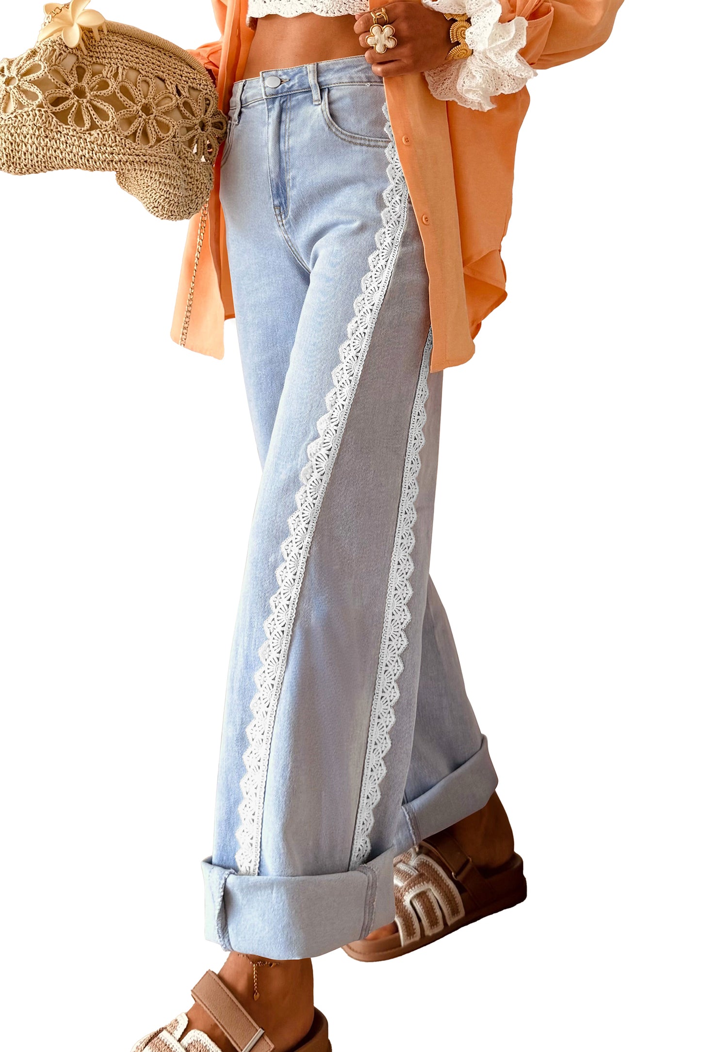 Lace Trim  Full-Length Regular Fit Jeans