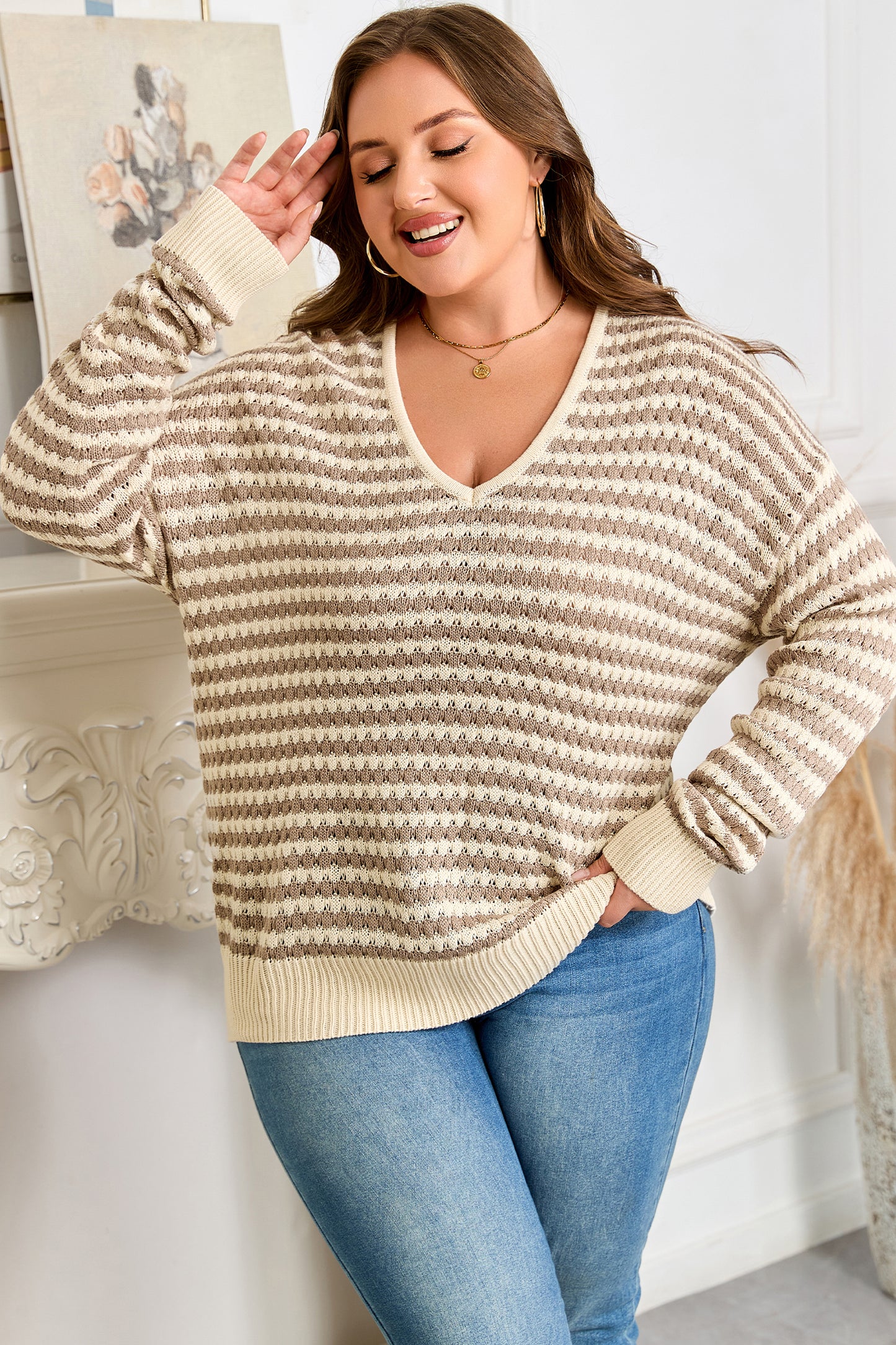 Plus Size V Neck Drop Shoulder Sweater
