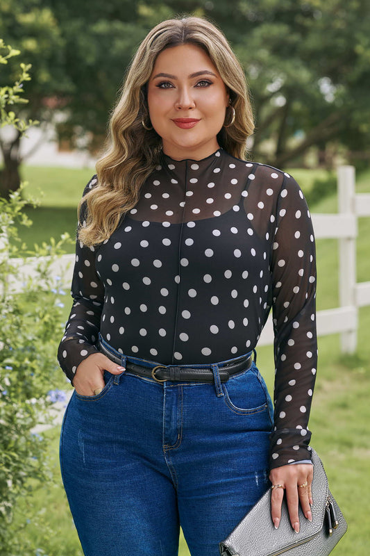 Mock Neck Polka Dot Long Sleeve Mesh Top