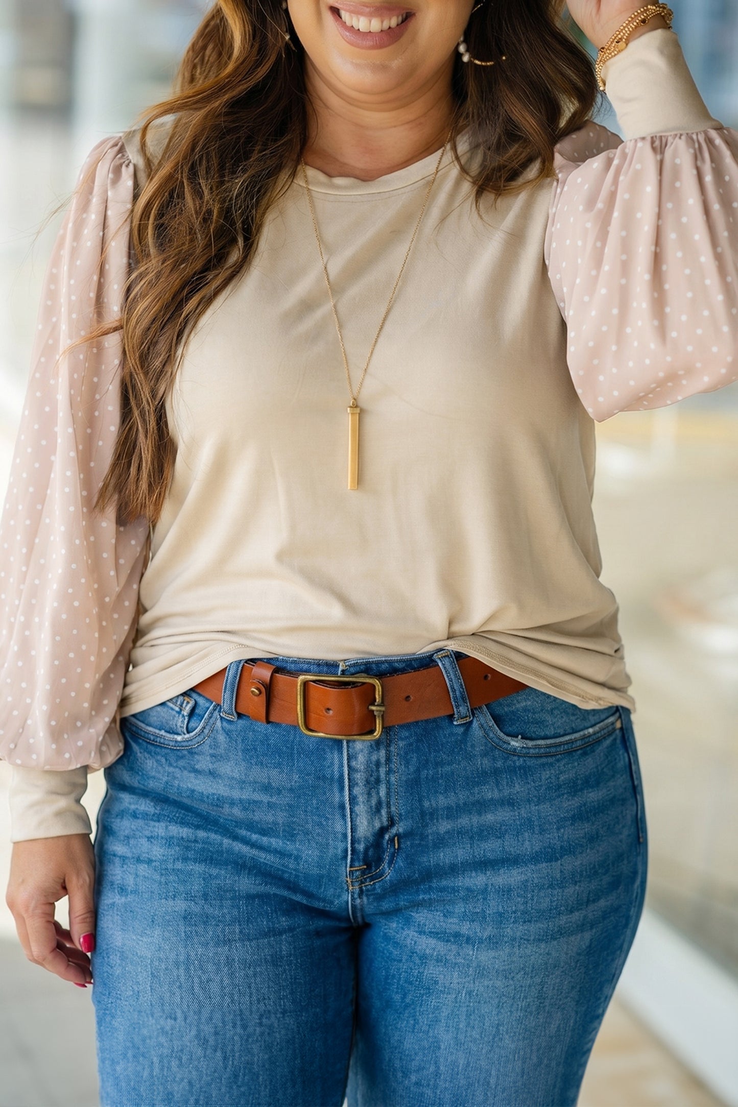 Polka Dot Long Sleeve Round Neck Plus Size Blouse