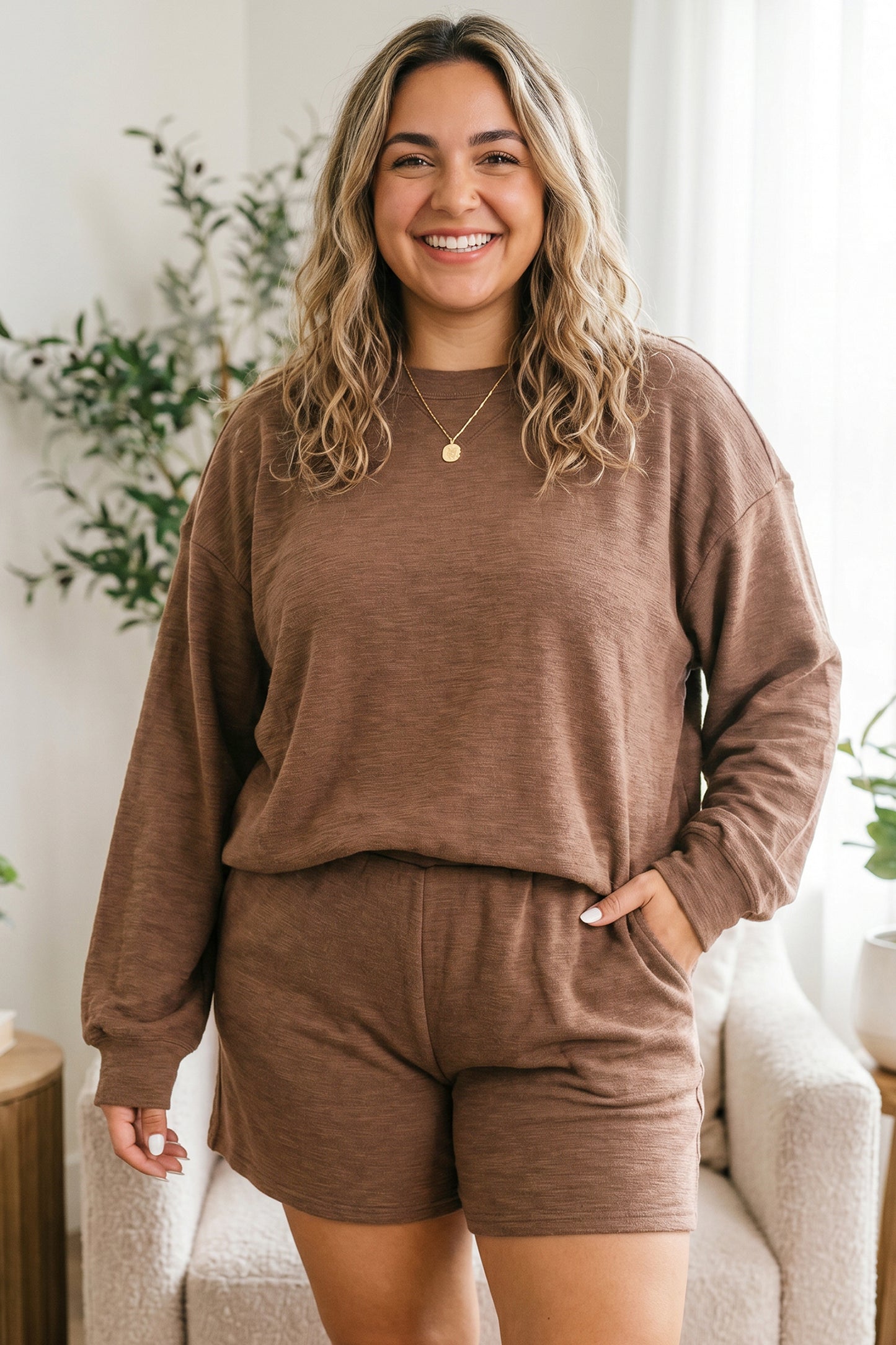 Long Sleeve Top Elastic Waist Shorts Plus Size Set