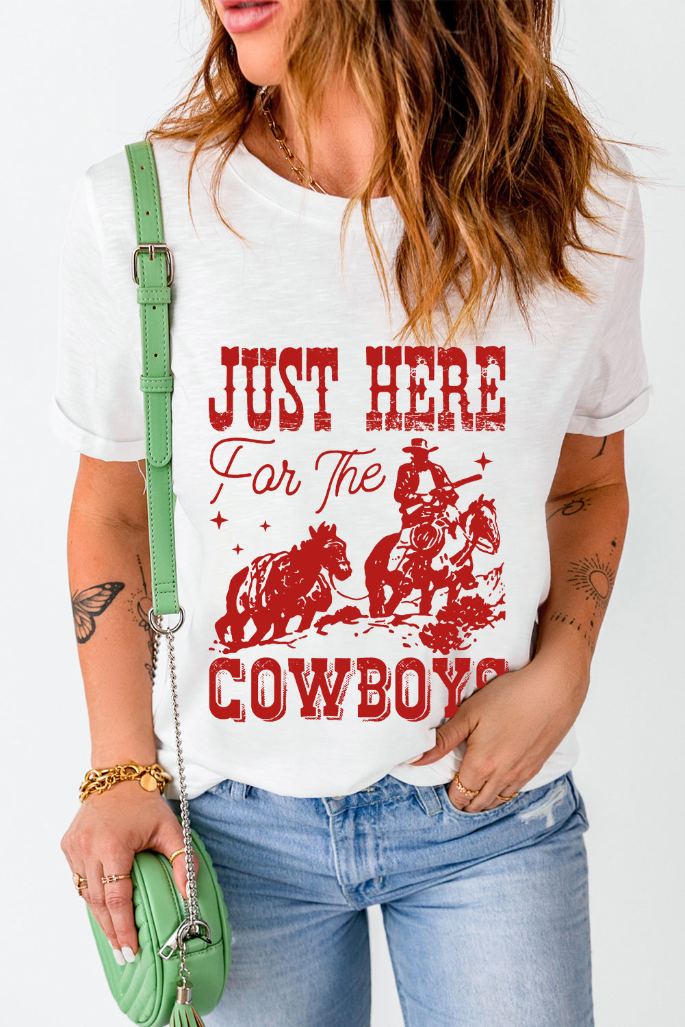 JUST HERE For THE COWBOY Cuffed Sleeve Crew Neck T Shirt
