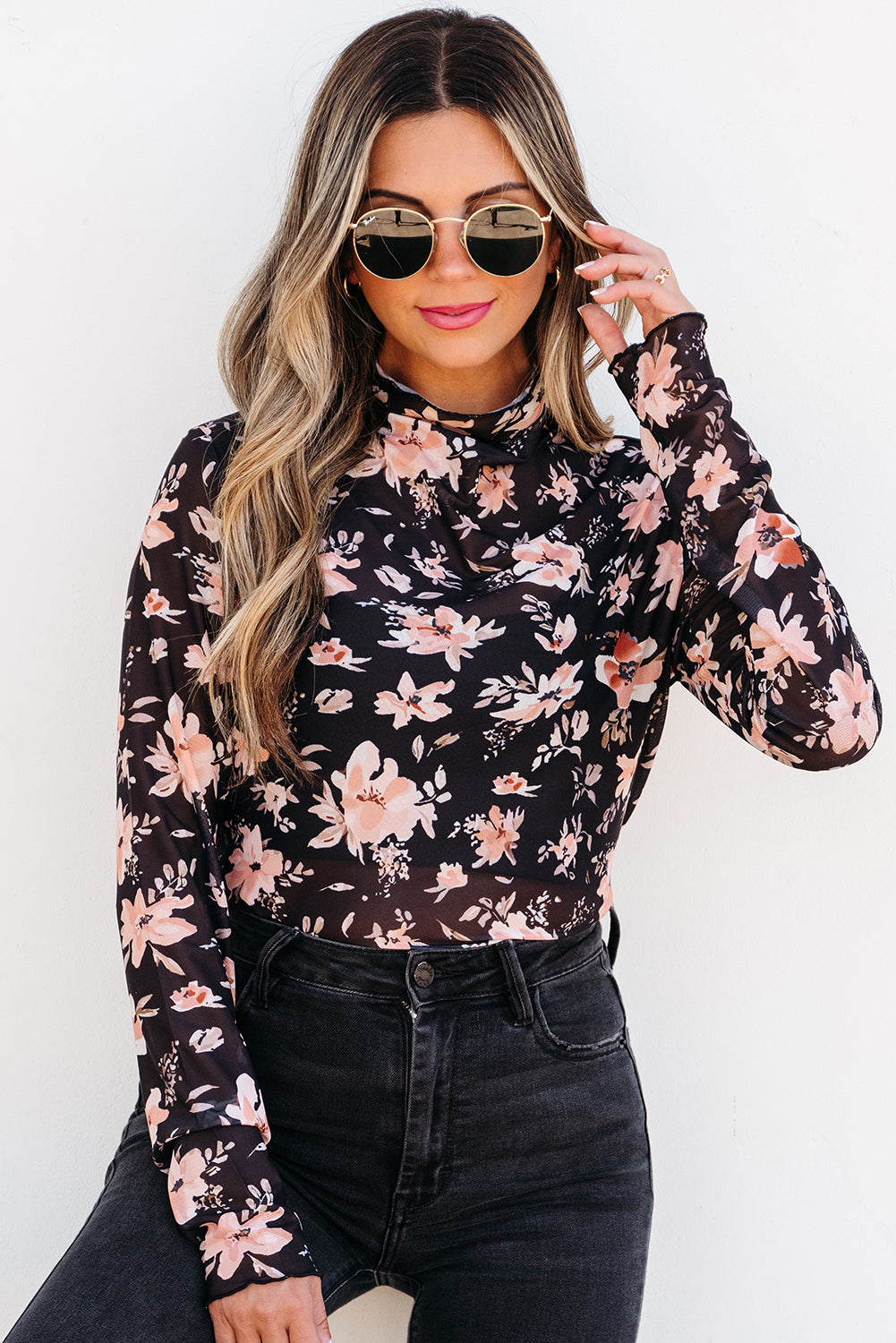 Black Floral Mesh Top