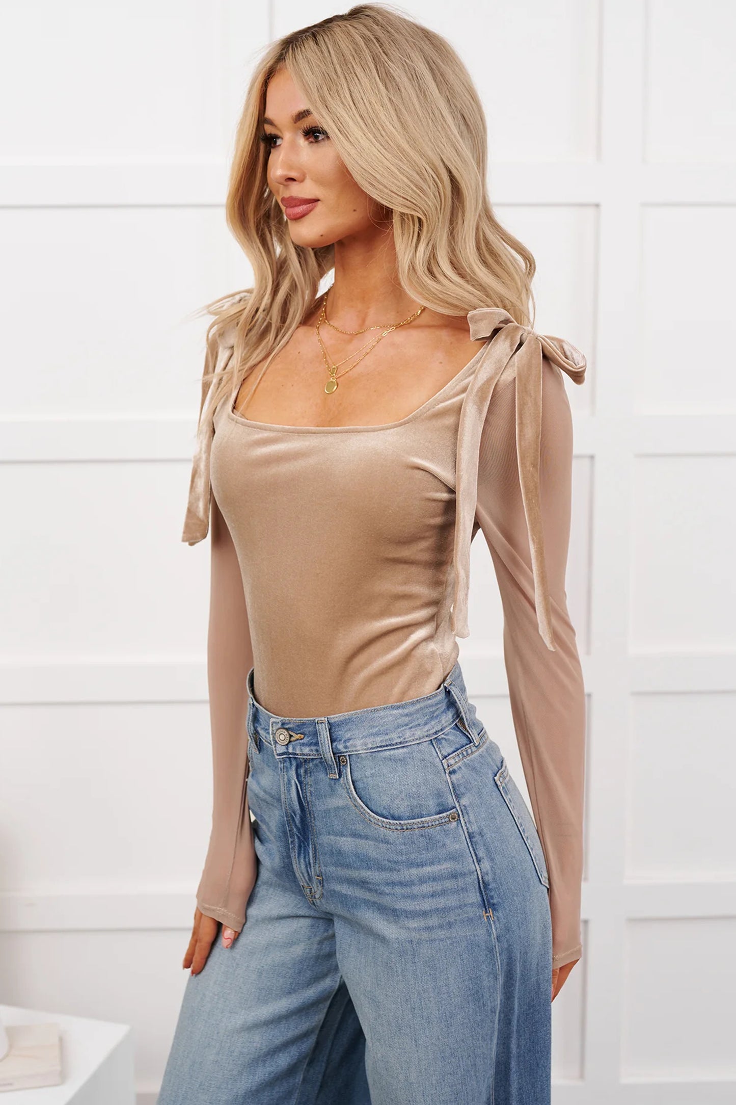 Beige Velvet Bodysuit