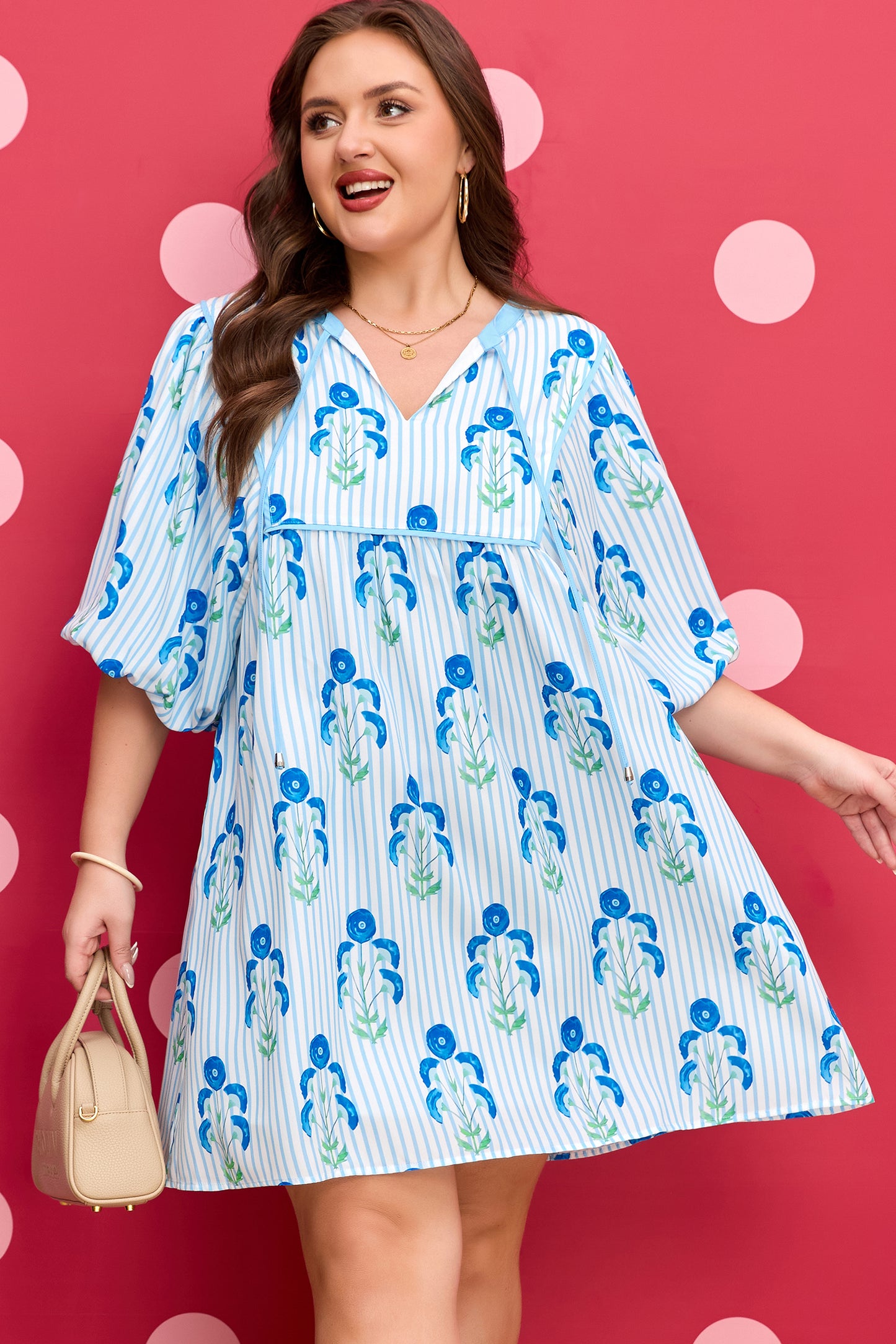Floral Striped Bubble Short Sleeve Plus Size Dress