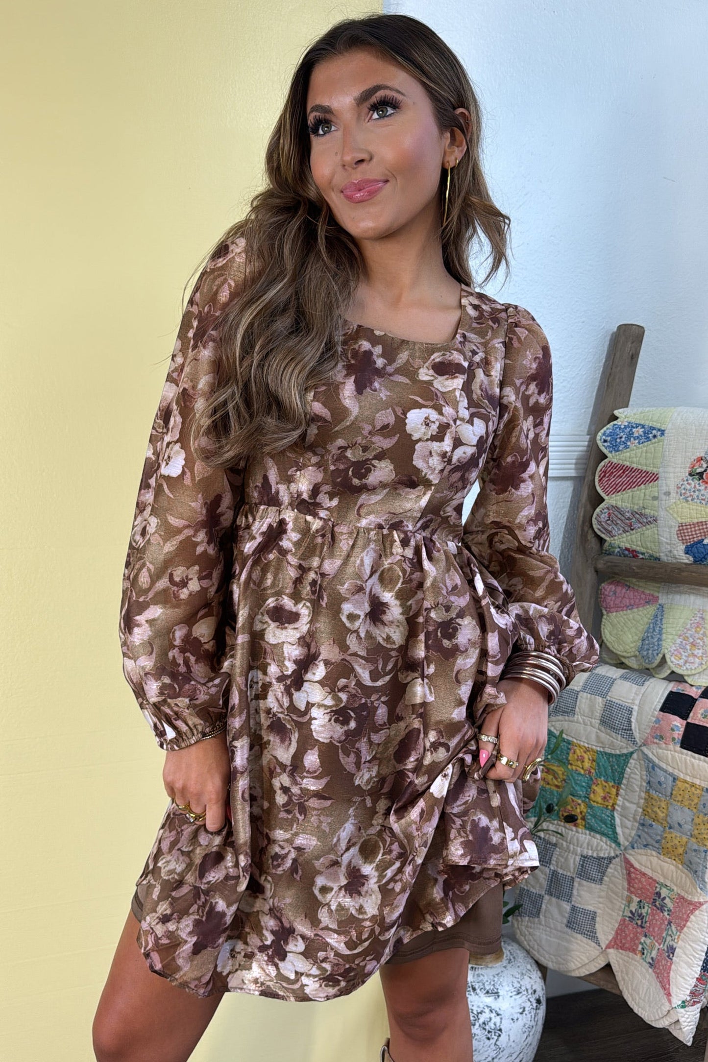 Floral  Long Sleeve Mini  Dress