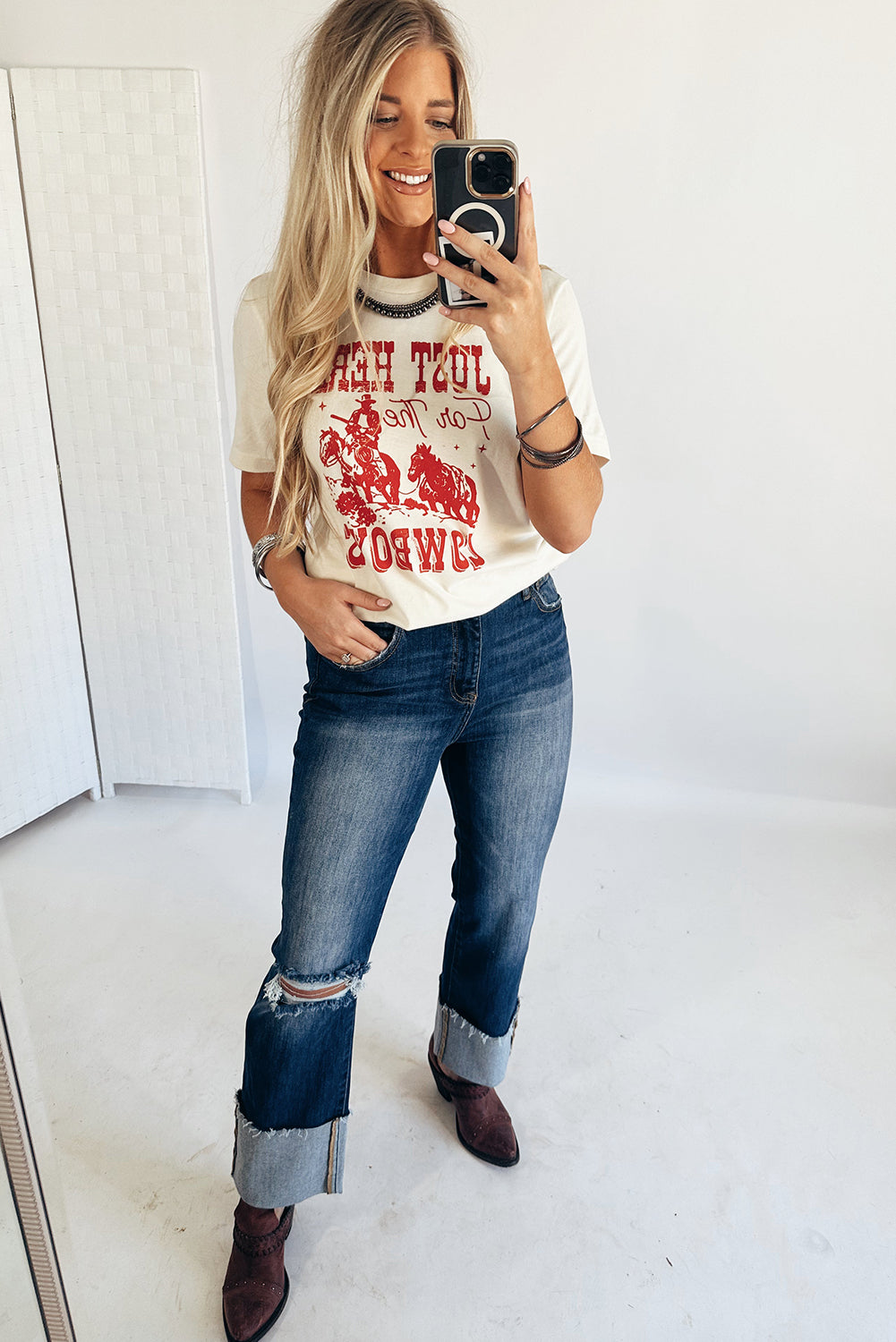 JUST HERE For THE COWBOY Cuffed Sleeve Crew Neck T Shirt