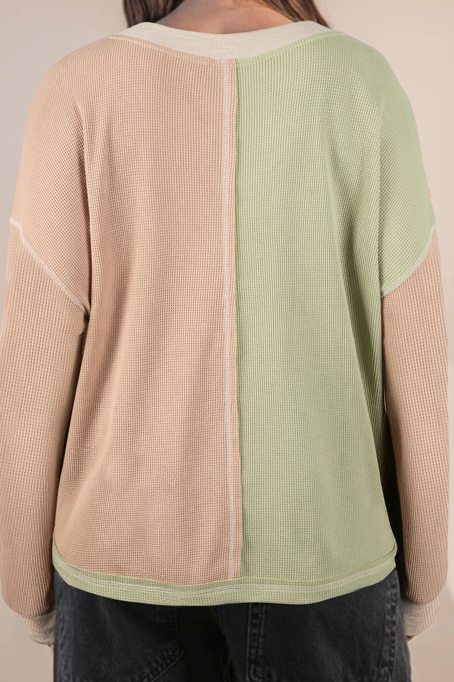 Patchwork V Neck Long Sleeve Top