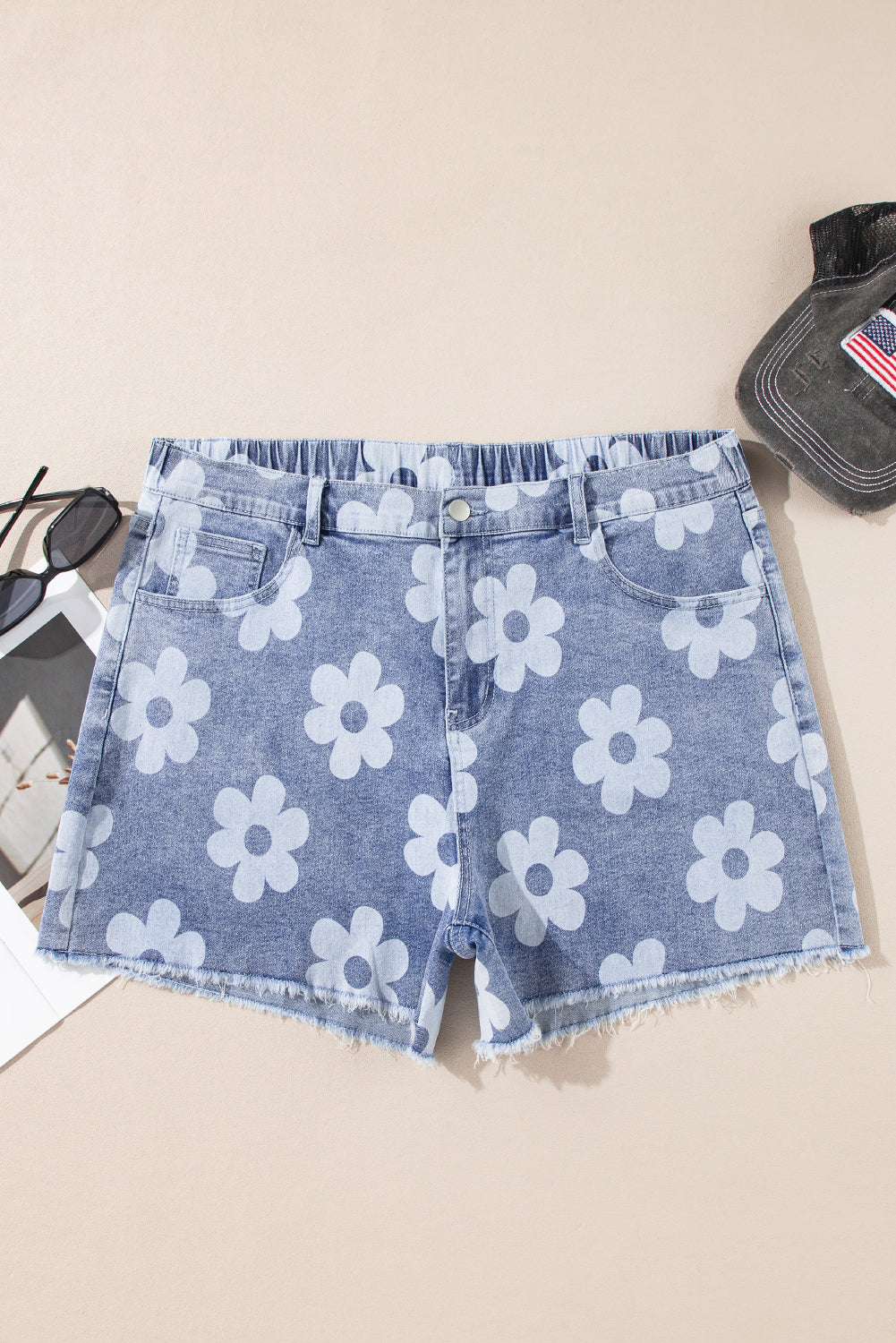 Floral  High Waist Raw Hem Plus Size Denim Shorts