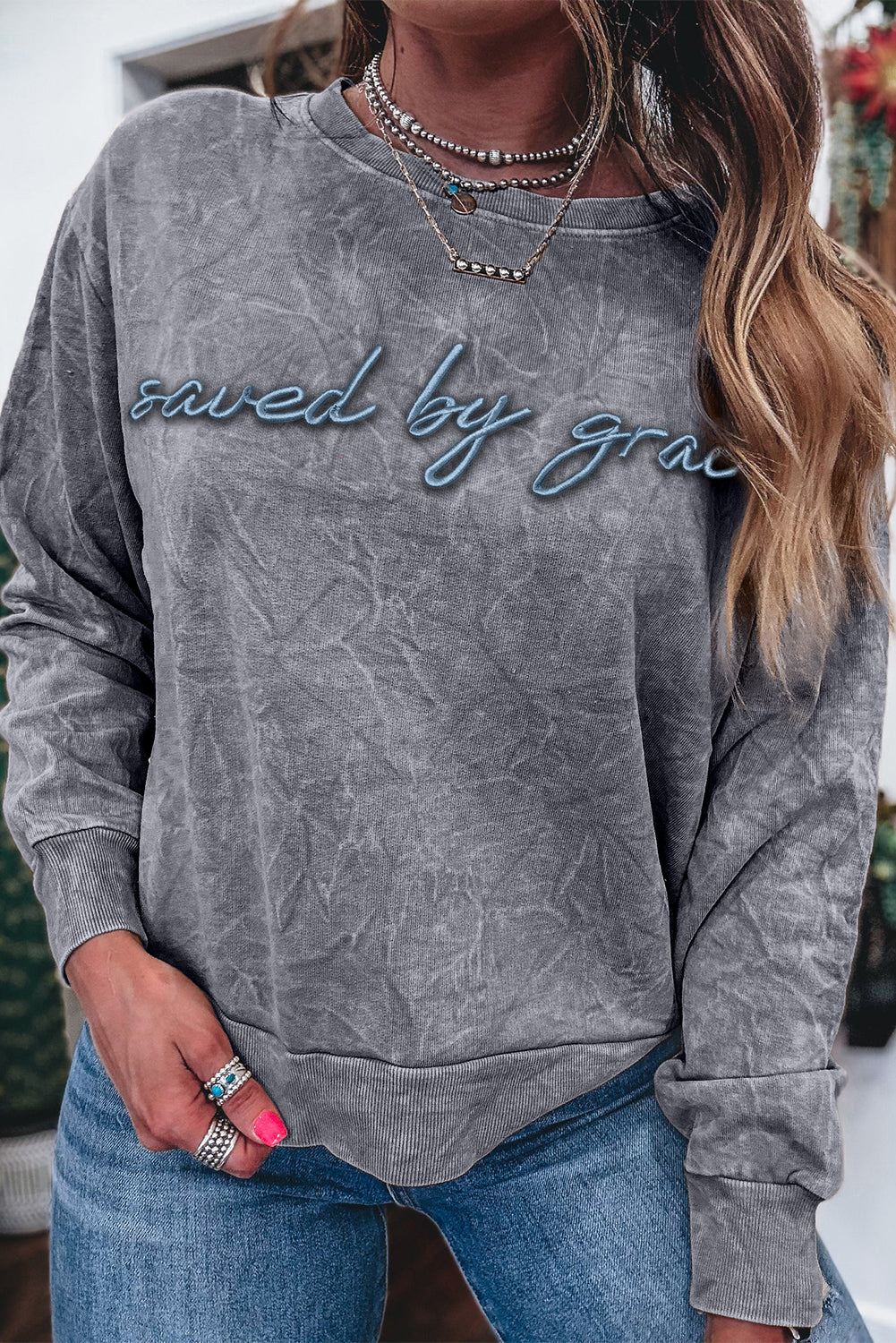 saved by grace Letter Mineral Wash Loose Sweatshirt