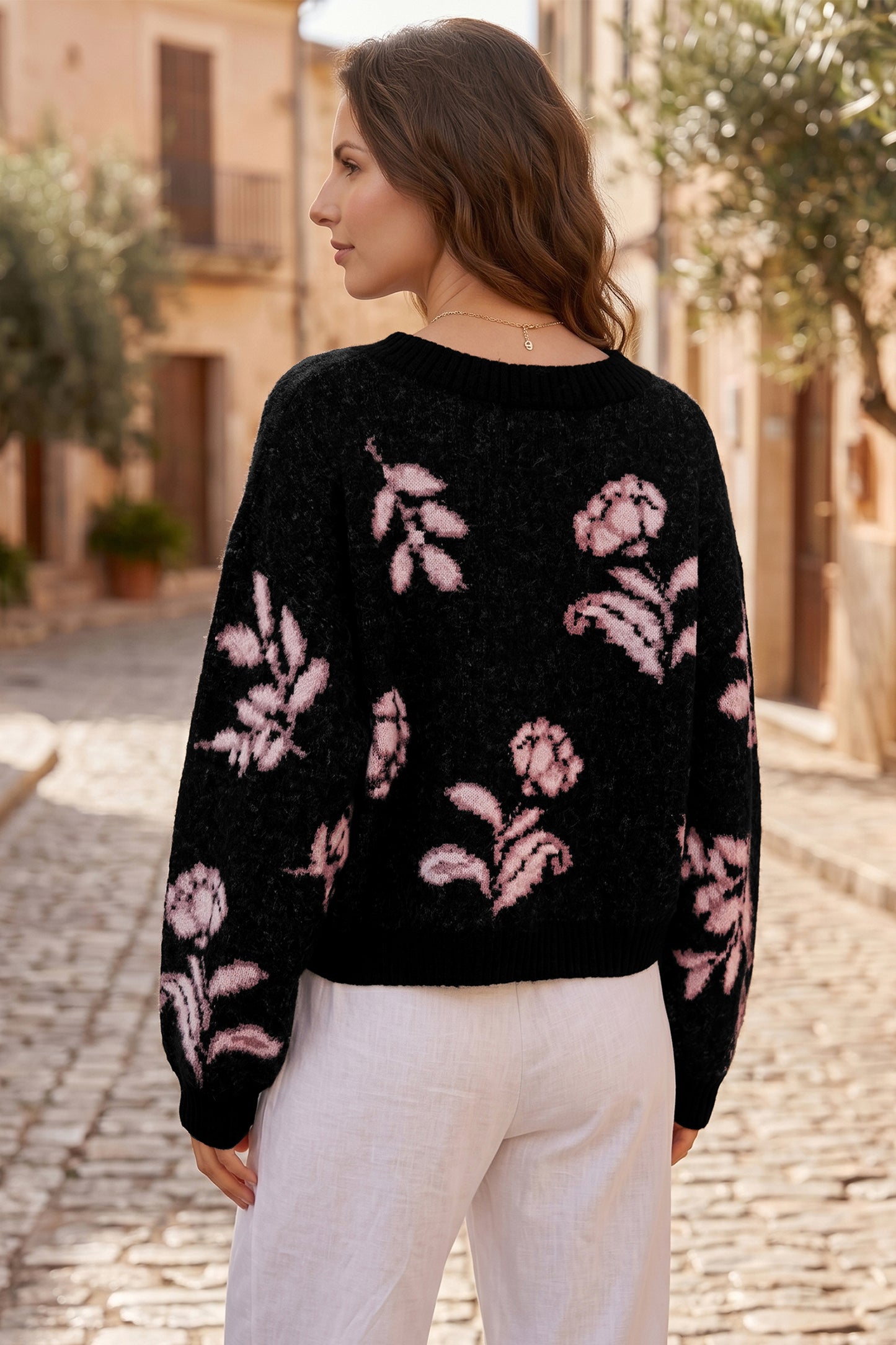 Floral Pattern Puff SleeveSweater