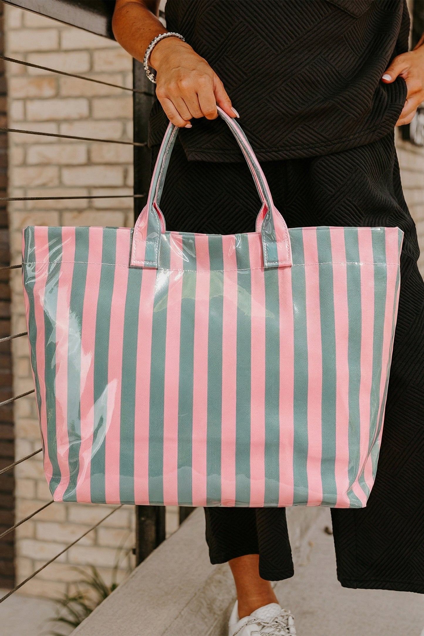Color black Glossy Striped Vinyl Large Tote Bag (Color Varied)