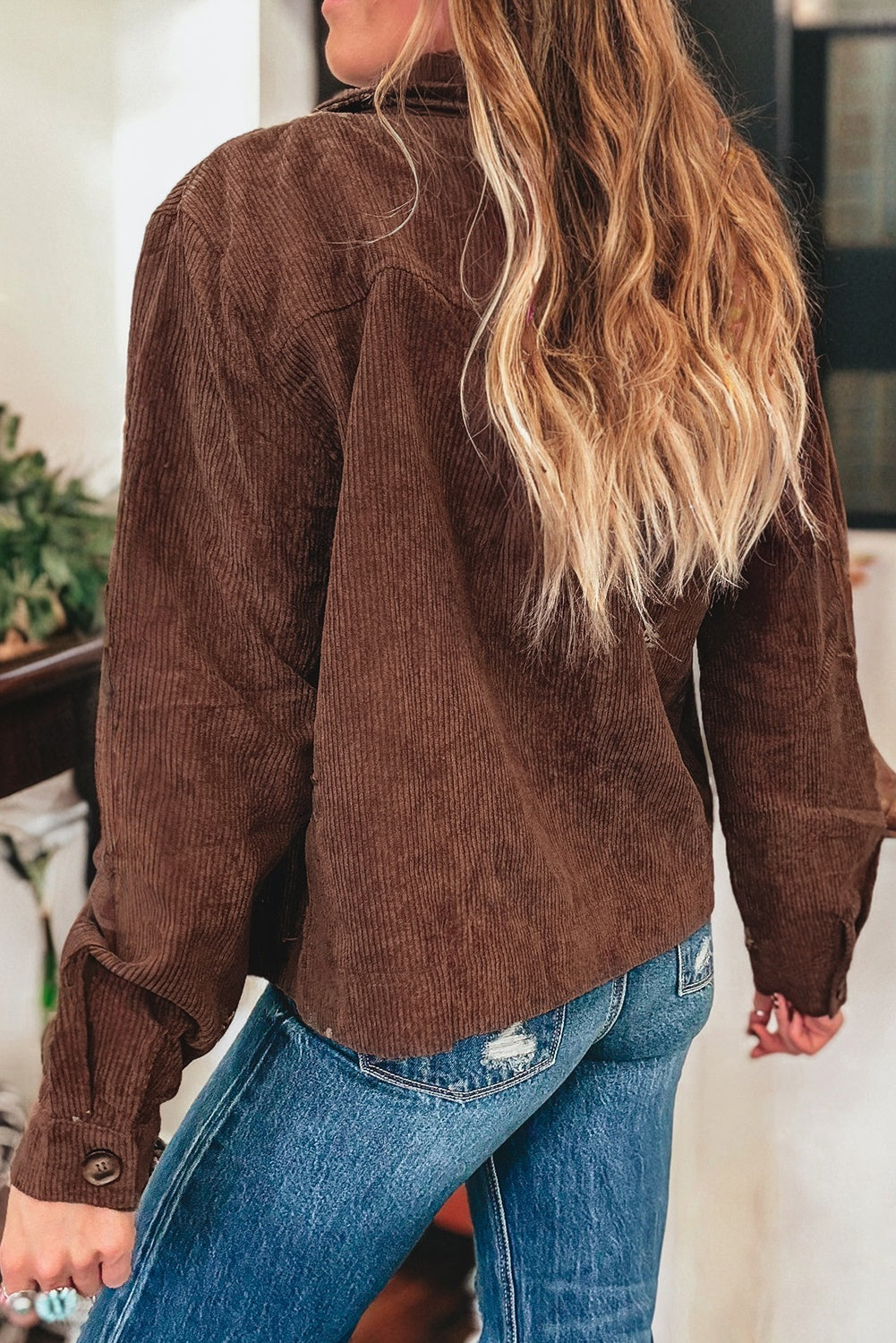 Embroidered Collar Button Front Corduroy Jacket With Pocket