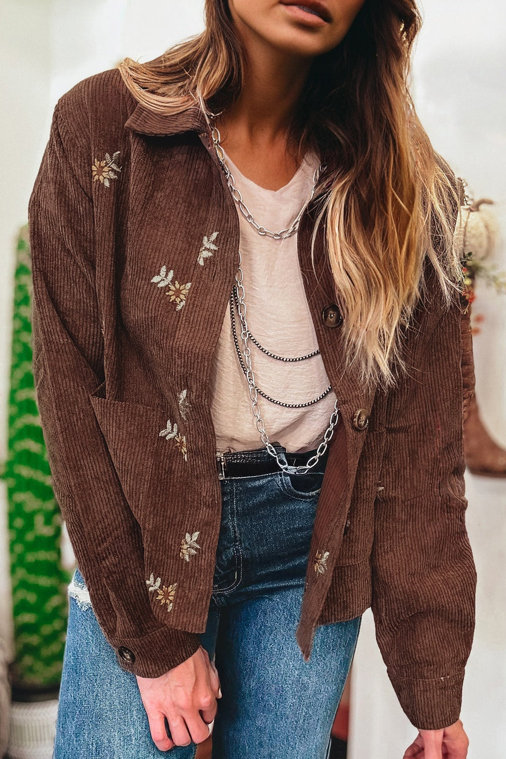 Embroidered Collar Button Front Corduroy Jacket With Pocket
