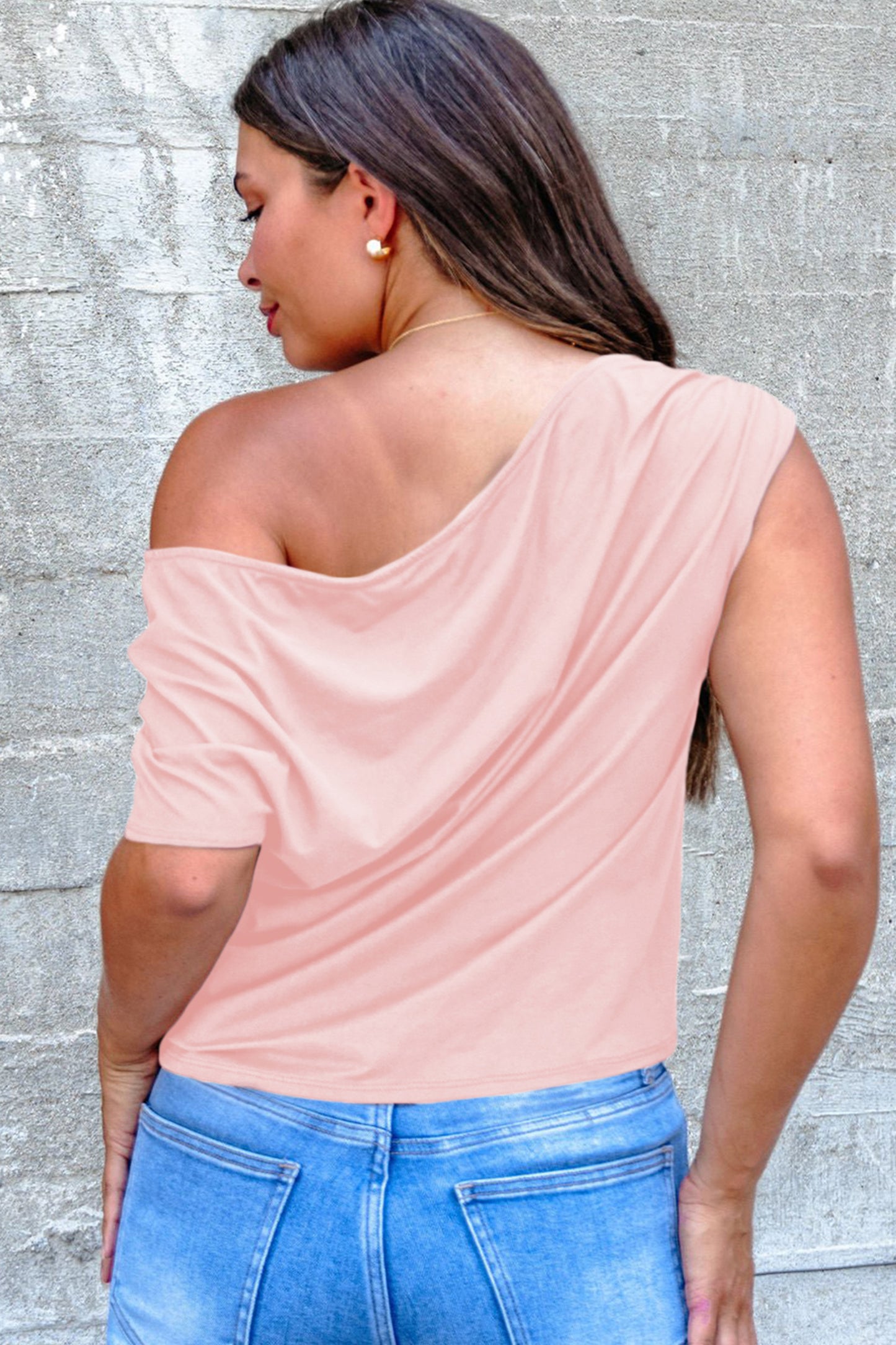 Plus Size Color Asymmetric Neck Short Sleeve Blouse
