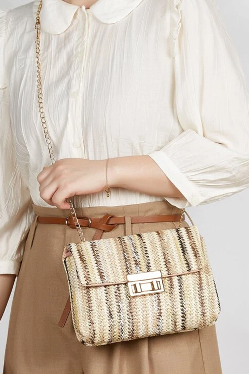 Camel Straw Plaited Gold Chain Clasp Closure Single Shoulder Bag