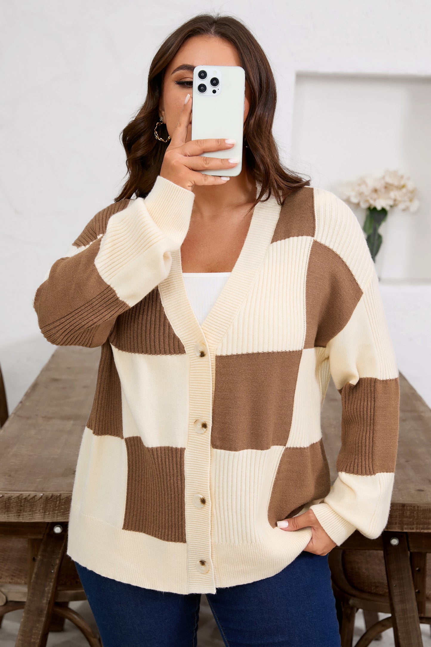 Checkered Ribbed  Cardigan Sweater